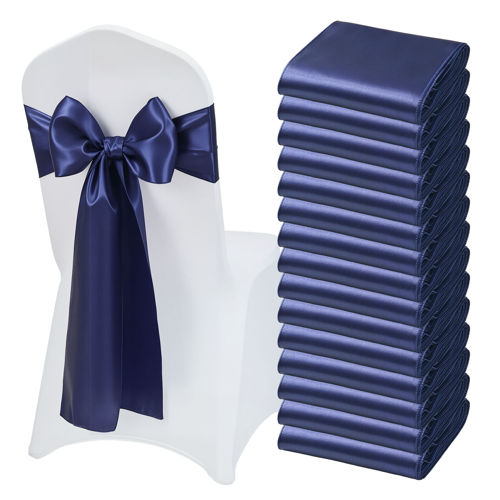 Image of Vevor Satin Chair Sashes Bows, 50pcs Chair Ribbon Ties Back Sash, 7 X 108 Inch, Navy Blue Wedding Reception Decoration, For Wedding Ceremony Baby Shower Party Events Banquet Chair Cover Decoration
