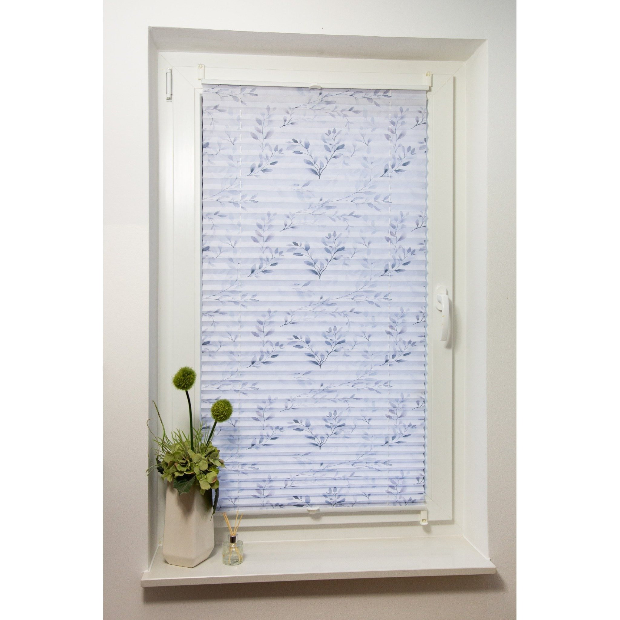 Clip-on Pleated Curtain With Floral Print "bogotà", No Drilling Or Screws Required, Includes Clip Holders, Width: 40-110 Cm / Length: 130/220 Cm, Color: White