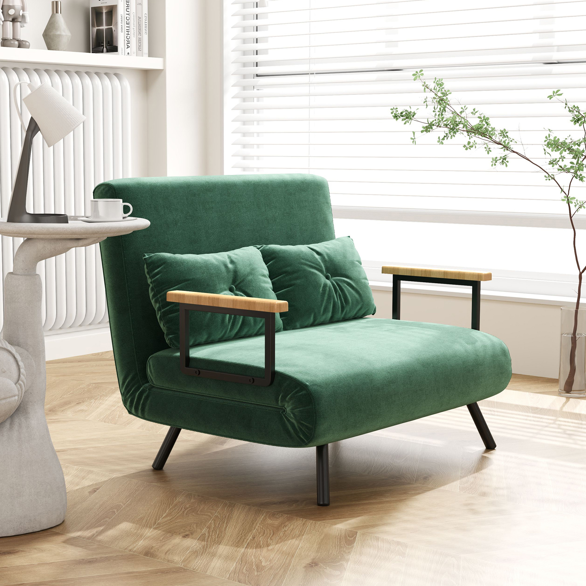 Sleeper Sofa 4 In 1, 2-seater Sofa With Sleeping Function, 183 X 98.5 Cm, Foldable Sleeper Chair With 5-stage Adjustable Backrest, Armrest, Lumbar Cushion, Velvet Optics For Living Room, Green.
