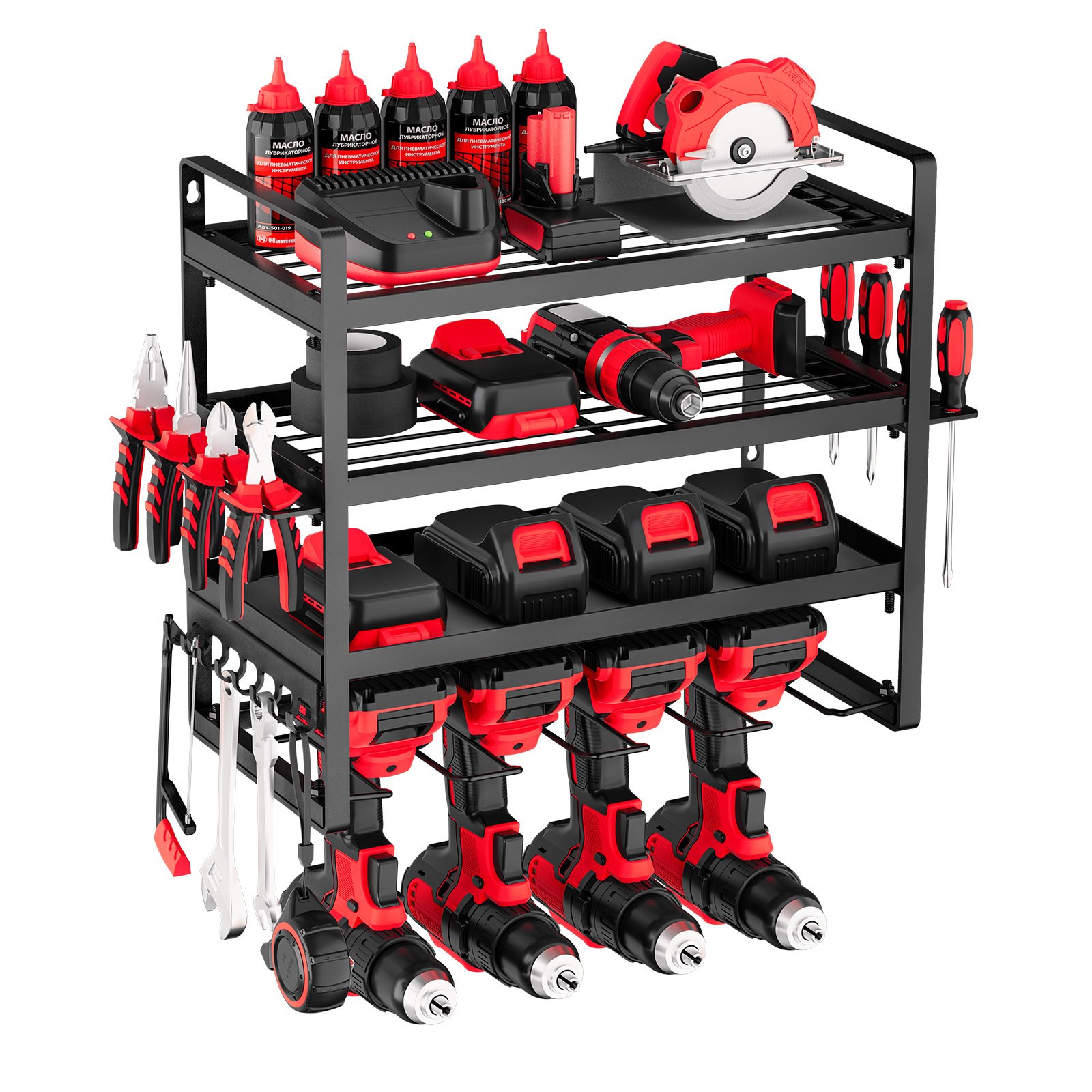 TEMU VEVOR Organisateur d'Outils Électriques à Montage Murale, Étagère de Rangement 4 Niveaux avec 4 Porte-Perceuses, Porte-Outils et Étagère de
