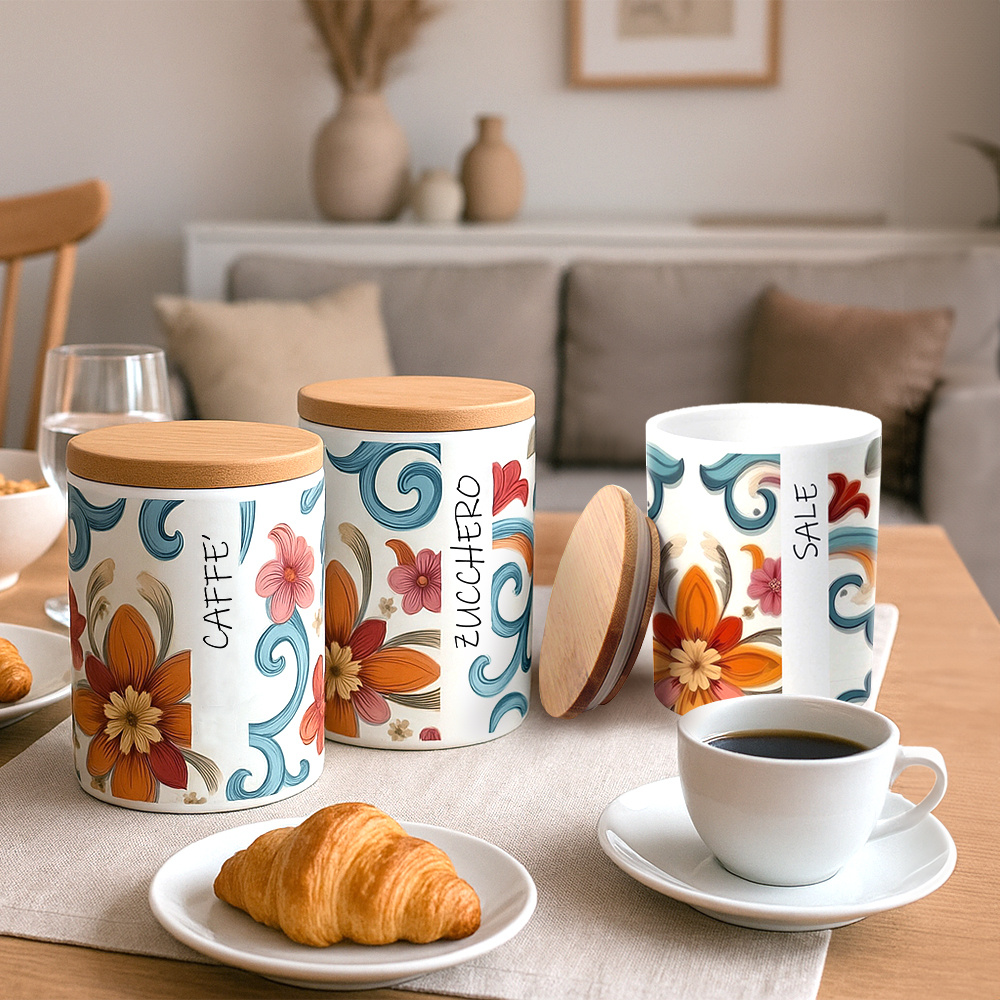 TEMU Set 3 Barattoli in Ceramica Romantic �� Contenitori Ermetici con Tappo in Legno, Motivo , Eleganti, per Caff癡 Zucchero Sale, 10x13 cm