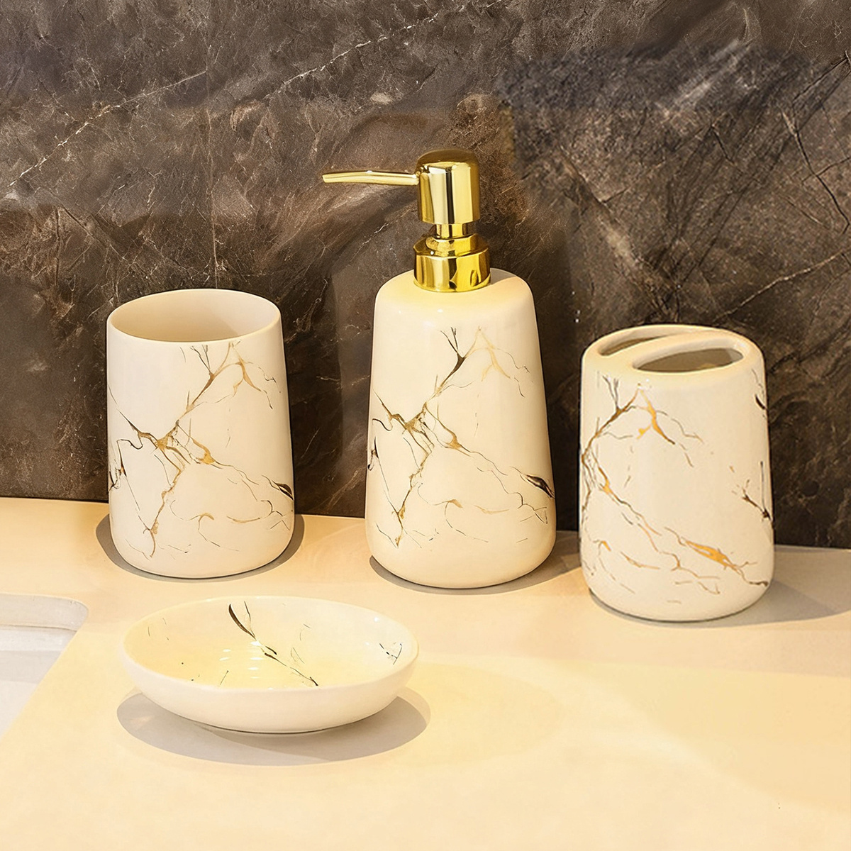 TEMU Luxury Marble Bathroom Set - Elegant White & Gold Marble Design, 4pcs Set (sink, Toilet, Shower, Storage) With Gold Faucet & Soap Dispenser,