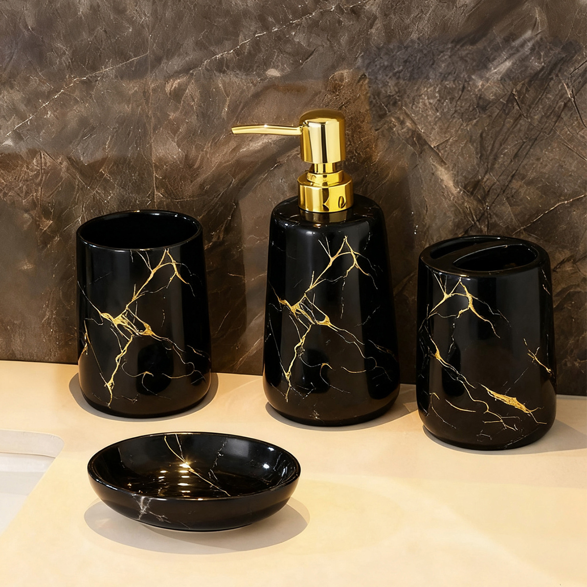 Image of Luxury Marble Bathroom Set - Elegant White & Gold Marble Design, 4-piece Set (sink, Toilet, Shower, Storage) With Gold Faucet & Soap Dispenser, Durable Ceramic.