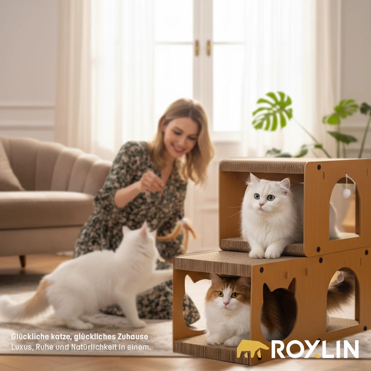Image of Roxlin Cat Scratching Furniture Tv Model - Cat Tree & Cardboard Cat House - Scratching Board With Toys, Stable & Modular, Furniture Protection, For Kittens & Adult Cats