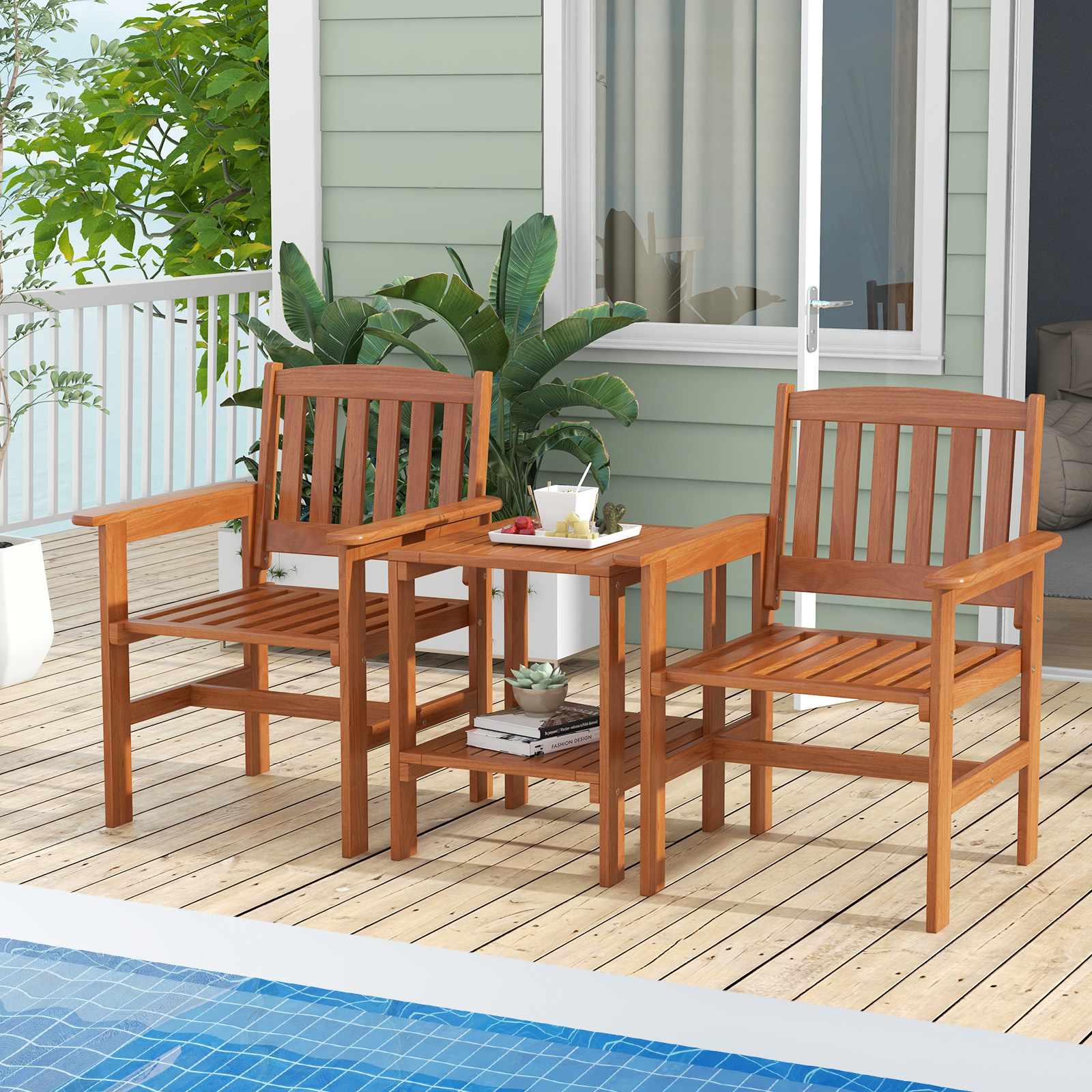 Image of 3pcs Table And Chairs Set, Wood Outdoor Conversation Seat With Table And Umbrella Hole, Outdoor Furniture Set Of 3 For Garden Poolside Backyard Balcony Porch Deck