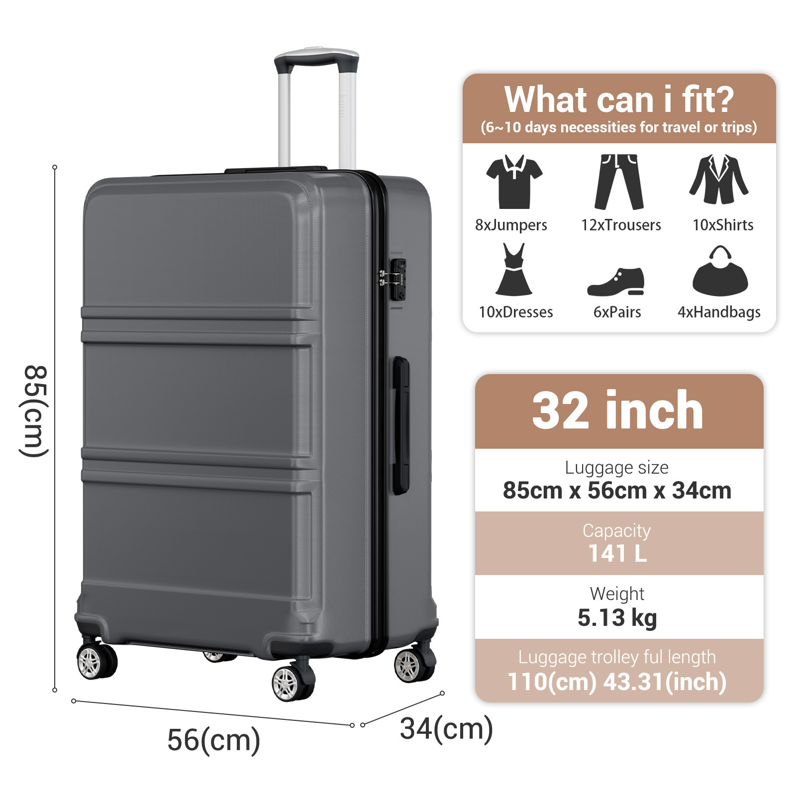 Kono Abs+ Inch Extra-large Suitcase, Horizontal Design, Wheeled Luggage With Telescopic Handle