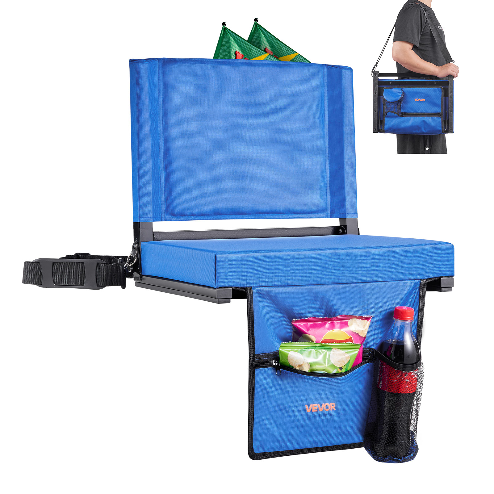 Vevor Stadium Seat, Folding Chair With Back Support And Thick Cushion, Padded Stadium Seat For Includes Shoulder Strap, Hooks, Cup Holder, And Side Pocket, Blue Chair