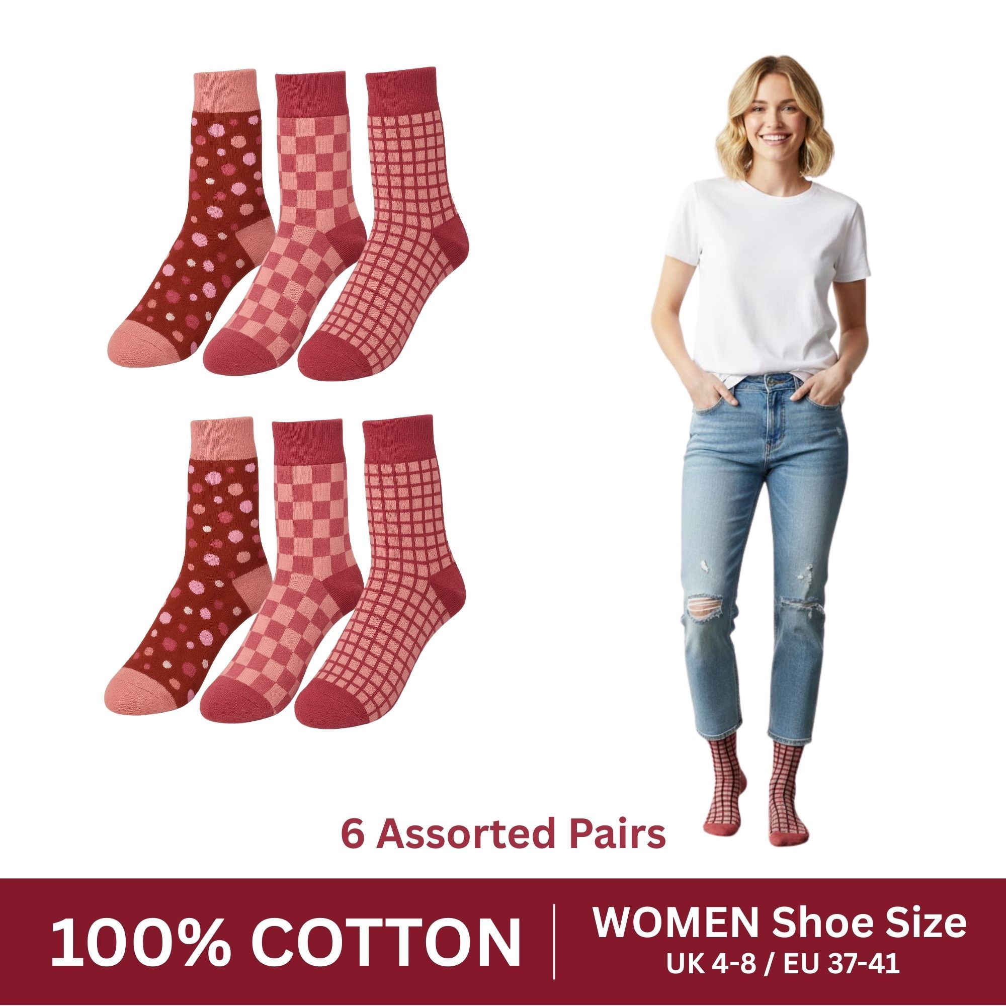 TEMU Women's 100% Cotton Diabetic Crew Socks | Soft , Geometric Pattern Non-restrictive Fit, Breathable Fabric | Seamless-toe | Ideal For Daily Wear,