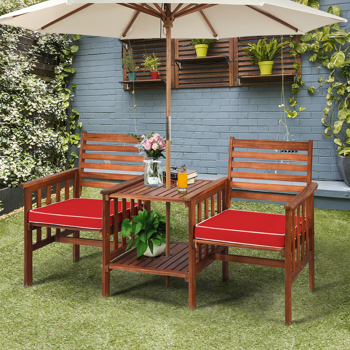 Image of Acacia Wood Loveseat, 3pcs Outdoor Table Chairs Set, Patio Conversation Set W/coffee Table And Soft Sponge Cushions, 2.1-inch Umbrella Hole, 2-seater Furniture Set For Garden, Backyard, Poolside