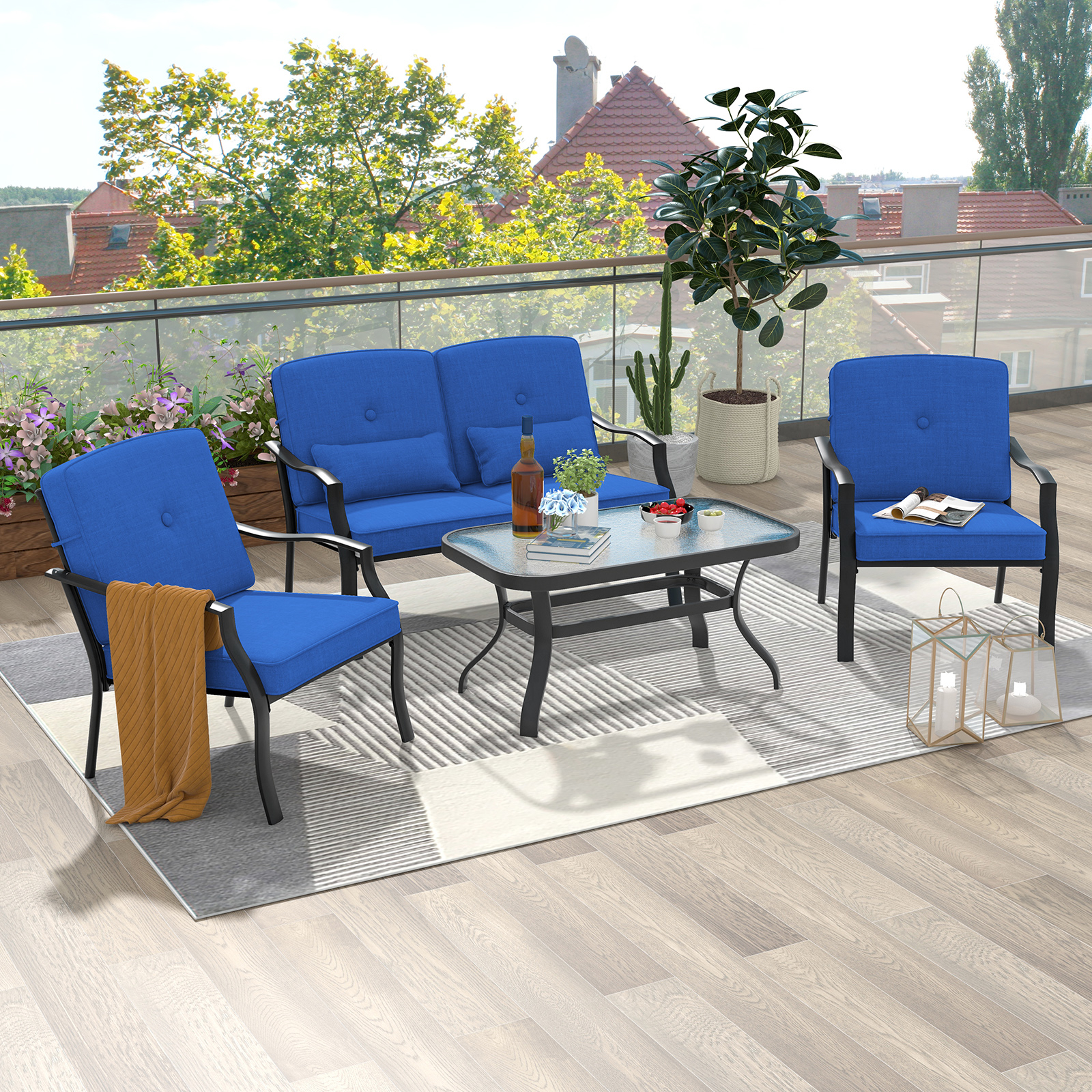 4pcs Patio Furniture Set, Outdoor Conversation Set With Seat Back Cushions & Waist Pillows, Tempered Glass Coffee Table, Heavy-duty Metal Sofa Set For Yard Garden Balcony Poolside