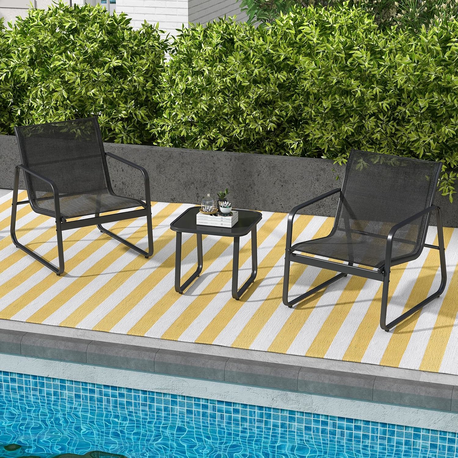 Image of 3 Pieces Patio Conversation Set, Outdoor Metal Set, Breathable Fabric & Tempered Glass Tabletop, Metal Frame Furniture Set For Backyard, Poolside, Easy Assembly