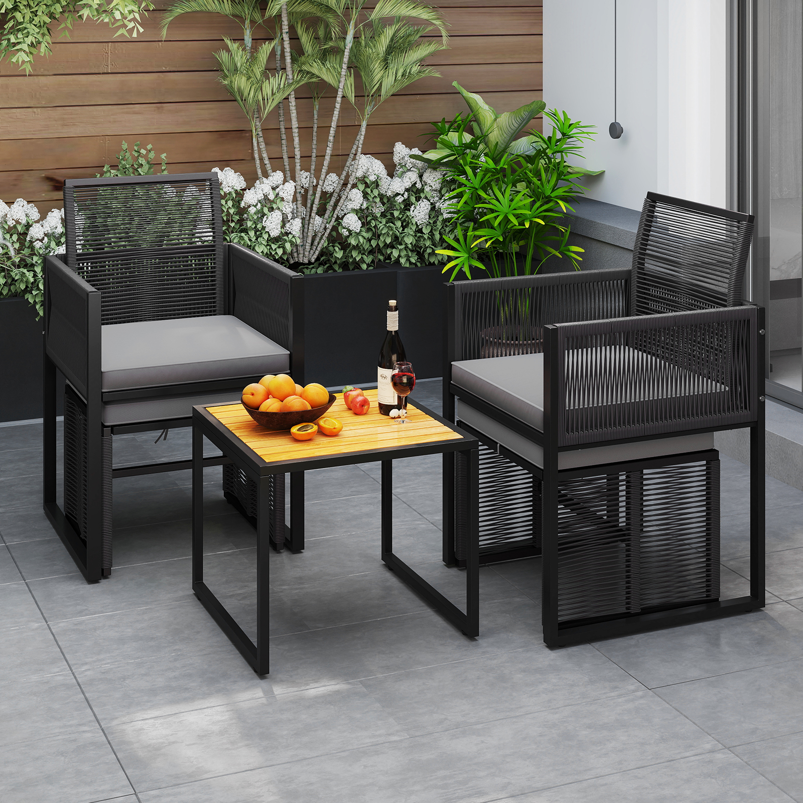 Image of 5pcs Pe Wicker Patio Furniture Set With Ottomans, Outdoor Conversation Set With Cushions And Acacia Wood Coffee Table, Space- Outdoor Lounger Bistro Set For Balcony, Garden, Yard