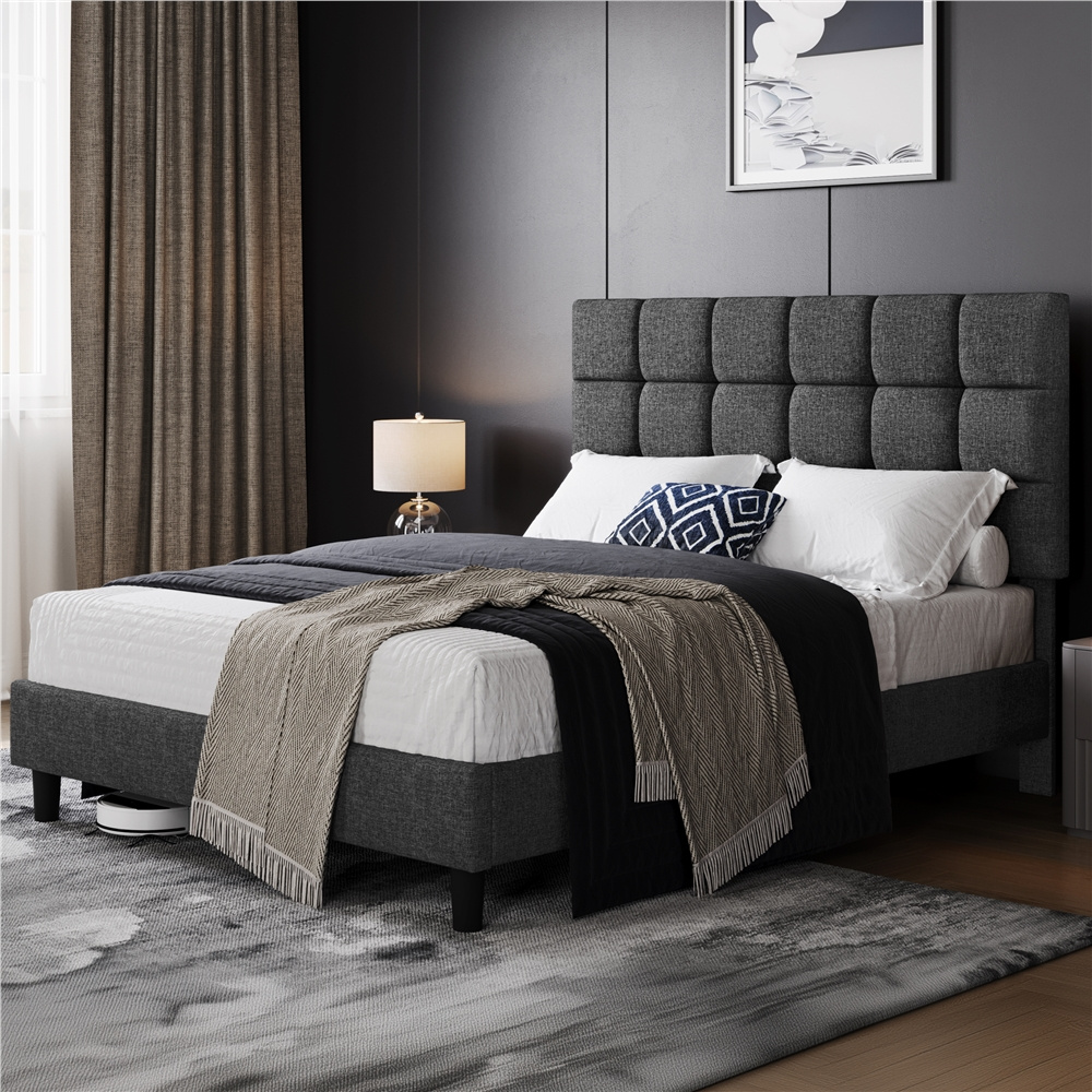 Costoffs Upholstered Bed With Height-adjustable Headboard Fabric Bed With Slatted Frame Stable Bed Frame Padded Bed Frame