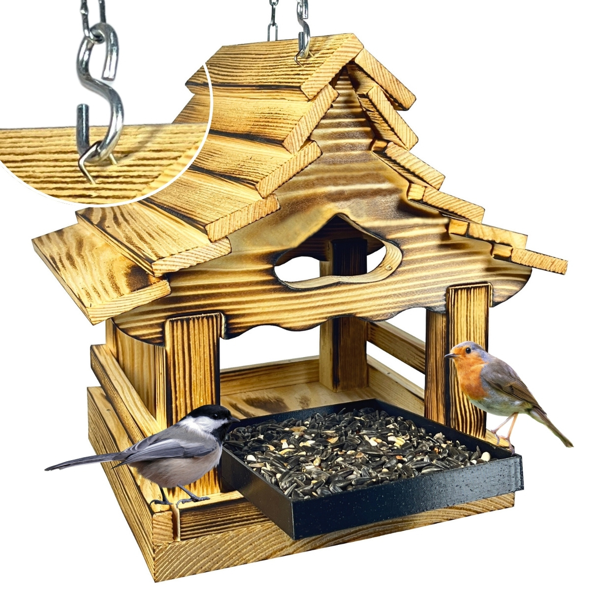 Wooden Bird Feeder With Chain, Wood-burning