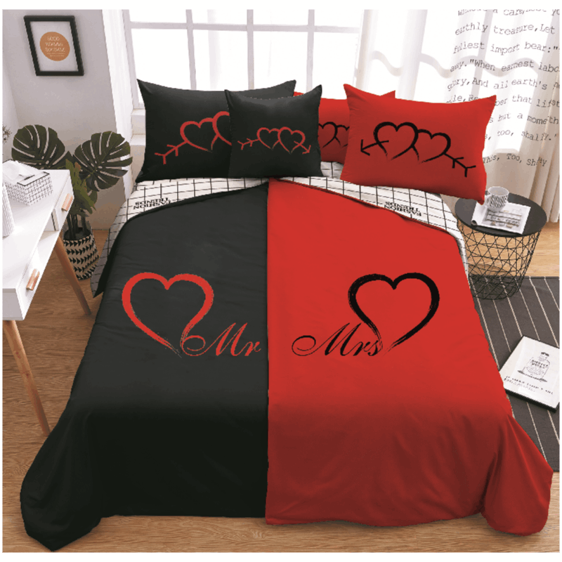 TEMU Romantic Couple 6pcss Bedding Set - Bedding, Romantic Bedding Set, Black Red Bedding, Heart-shaped Bedding, Couple Bedding Set, Lovers' Bedding,