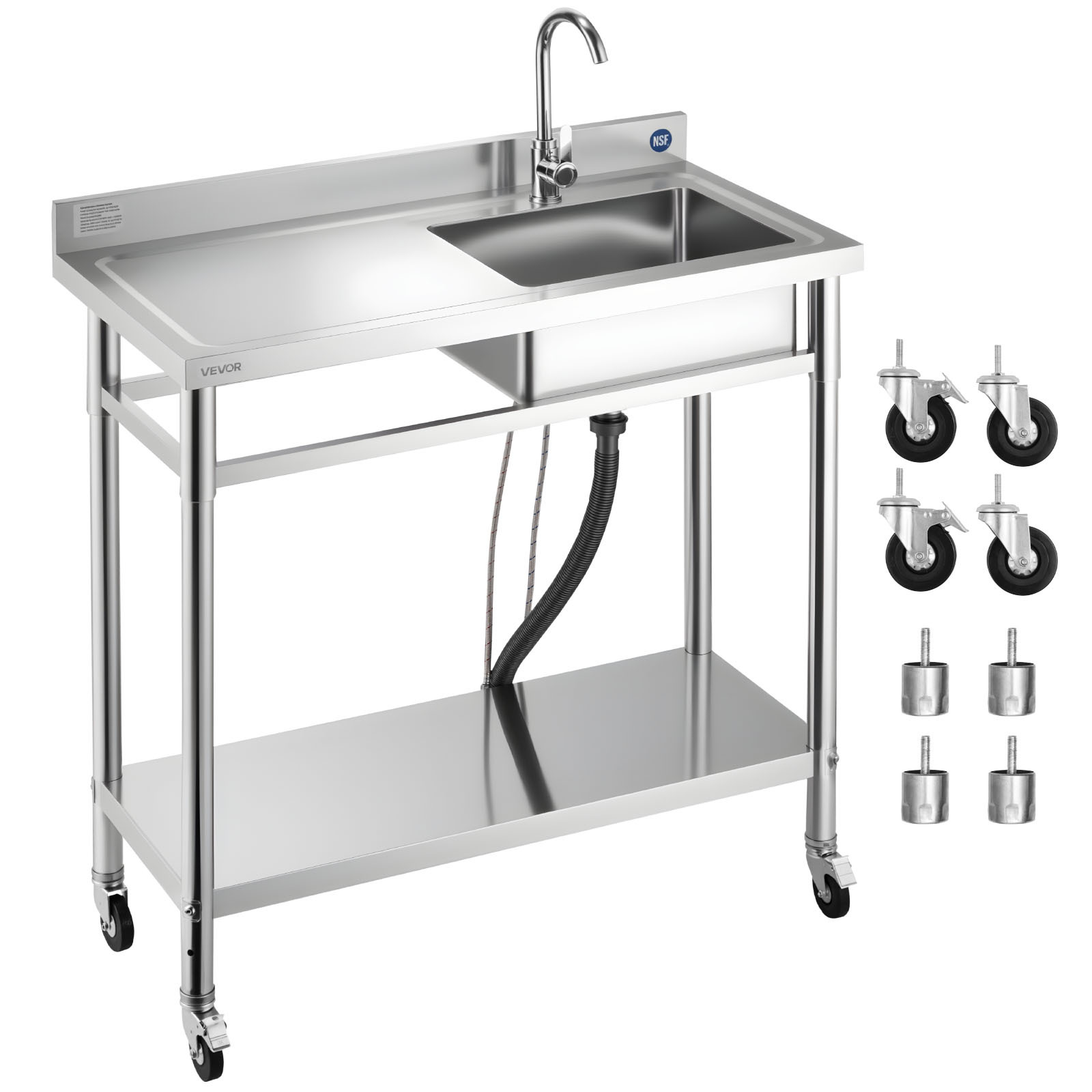 Image of Vevor Stainless Steel Utility Sink, Rolling Single Bowl Commercial Kitchen Sink With Wheels, Faucet And Water Pipe, Utility Basin Workbench For Garage Restaurant Laundry 1000 X 500 X 1055mm