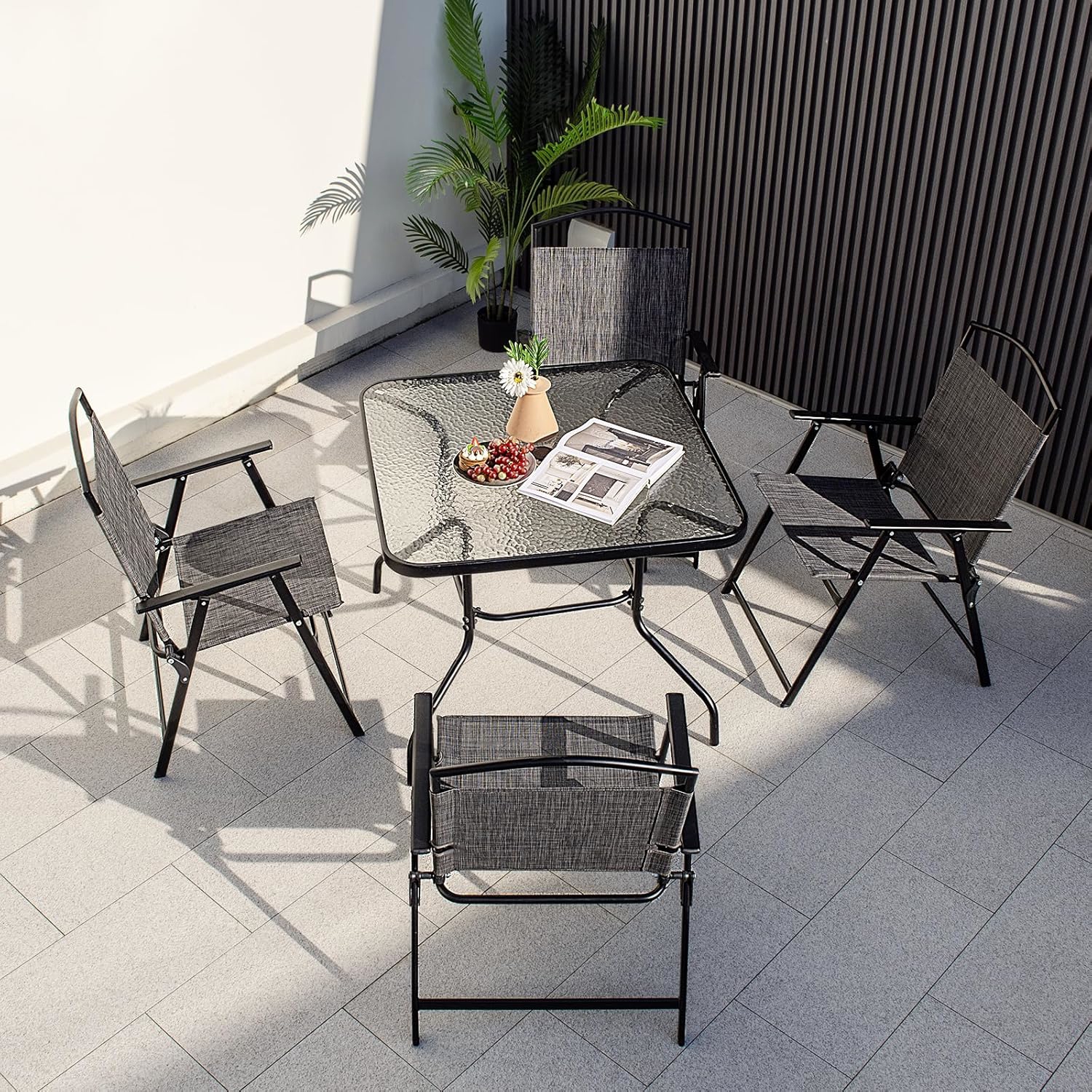 Image of Outdoor Dining Set, 5-piece Patio Set With Foldable Chairs And Glass Tabletop, Umbrella Hole, Heavy-duty Metal Construction, Ideal For Garden, Poolside Or Backyard