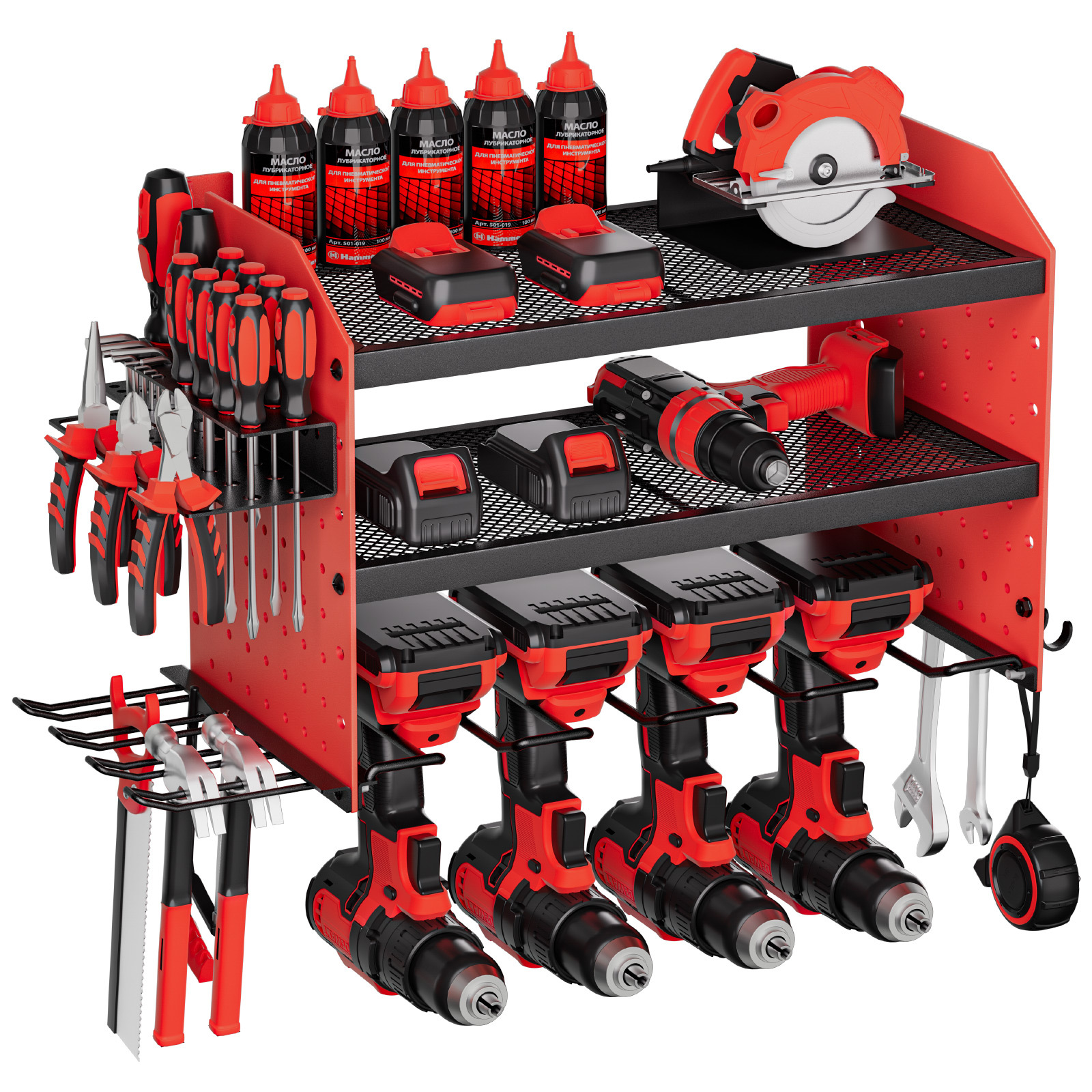 Power Tool Organizer Wall Mount, 3-layer Storage Rack With 4 Drill Holders, Tools Holder And Storage Rack With Side Pegboards, Garage Tool Organizer For Garage, Workbench, And Workshop