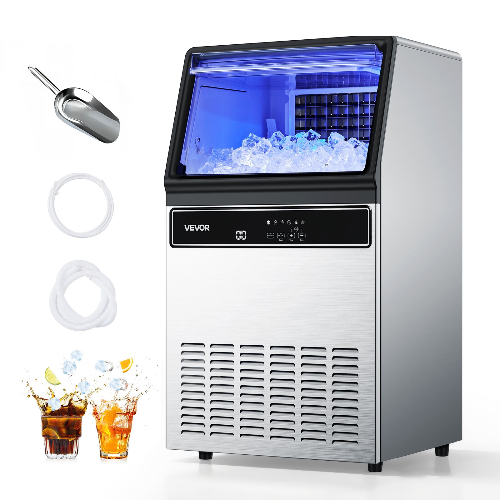 Image of Vevor Commercial Ice Maker Machine, 59kg/24h With 15kg Storage, 45 Cubes Per Cycle, Stainless Steel Freestanding & Under Counter Ice Maker With Led Display & Self-cleaning, For Home Bar Restaurant