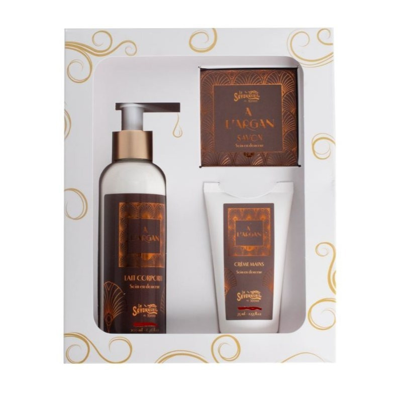 TEMU Coffret à L huile d Argan : un savon solide de 100g, un lait corporel de 200mL et une crème mains de 75mL.