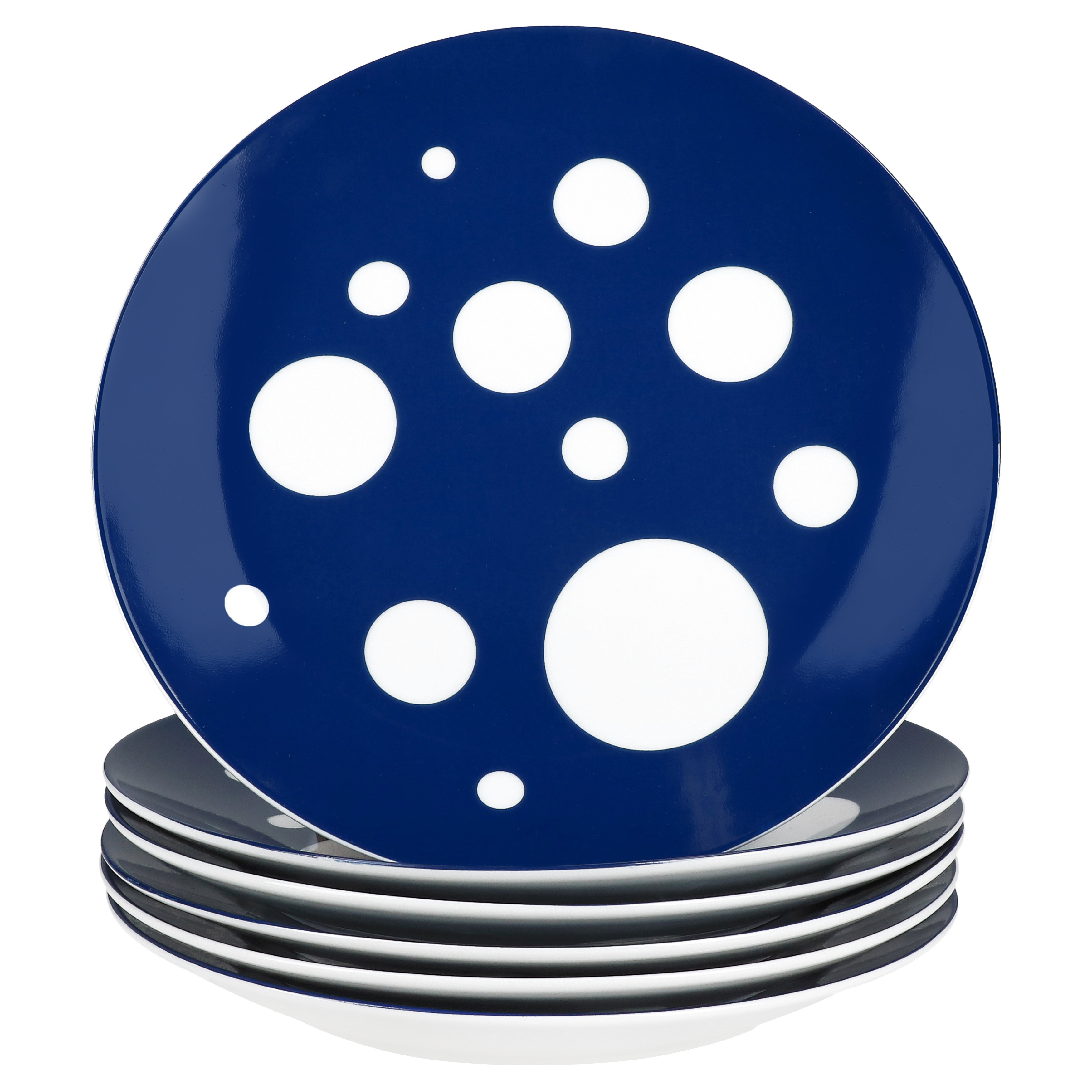 Image of 6-piece Set Pula Blue Polka Dot Porcelain Cake Plates For 6 People, Dessert And Breakfast Plates, Polka Dot