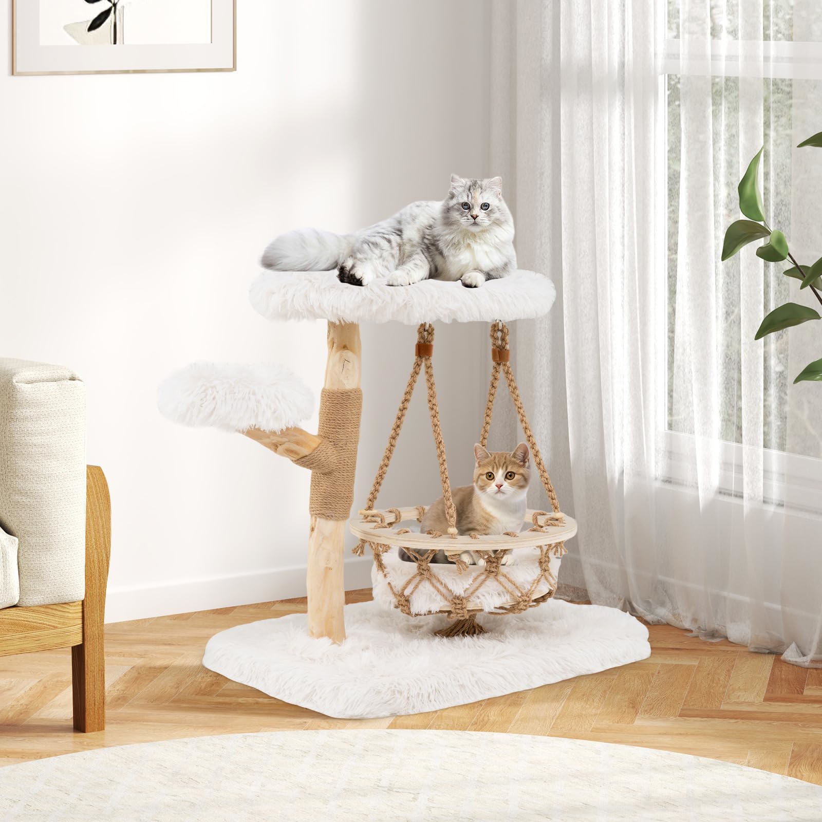 Cat Tree, Cat Tower With Suspended Cradle, Jute Scratch Pot, Hanger, Padded Platform, Soft Plush, Luxury Condo