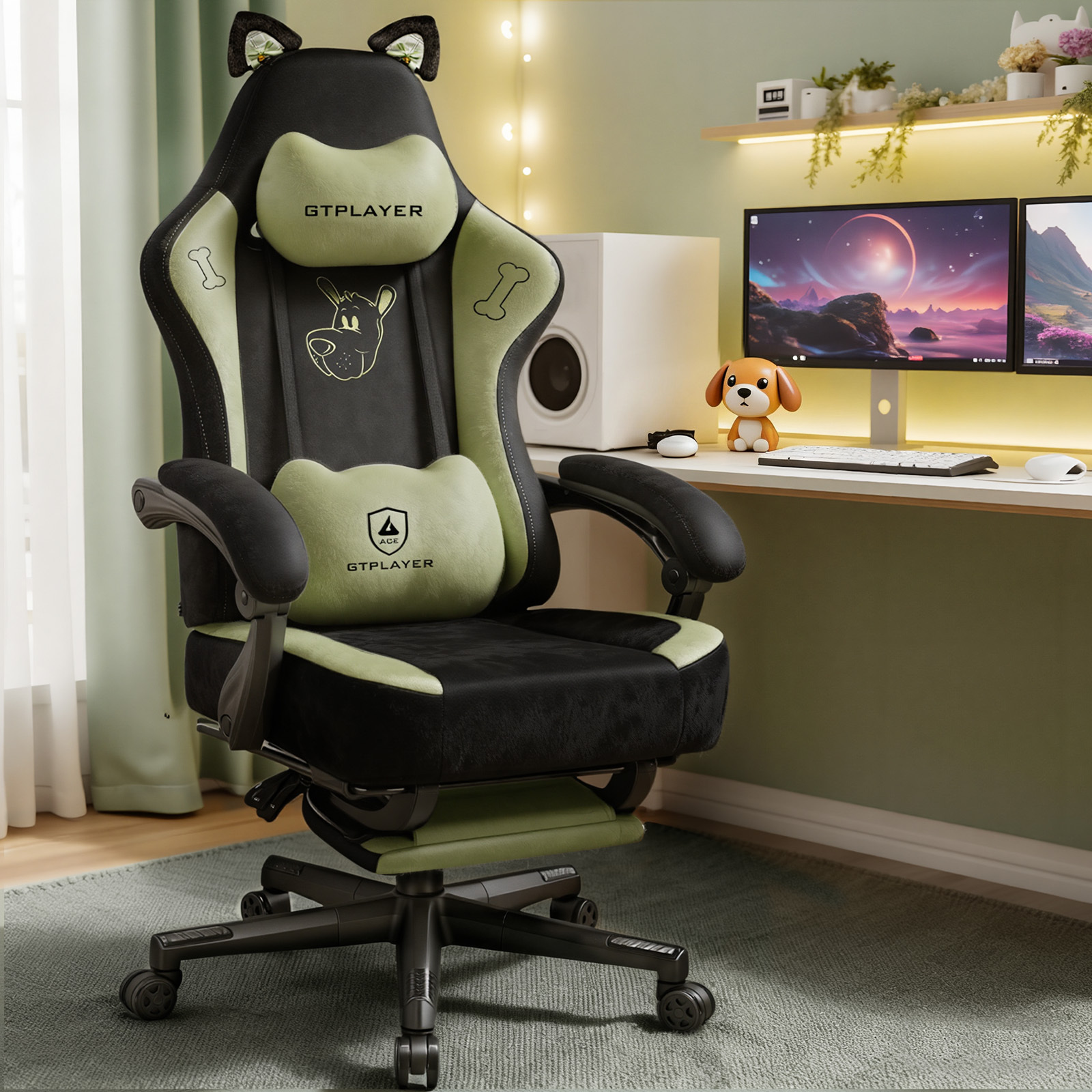 Image of Luckracer Cute Velvet Gaming Chair, Ergonomic Office Chair With Cat Ears, Memory Foam, And Footrest, Supports Up To 150kg