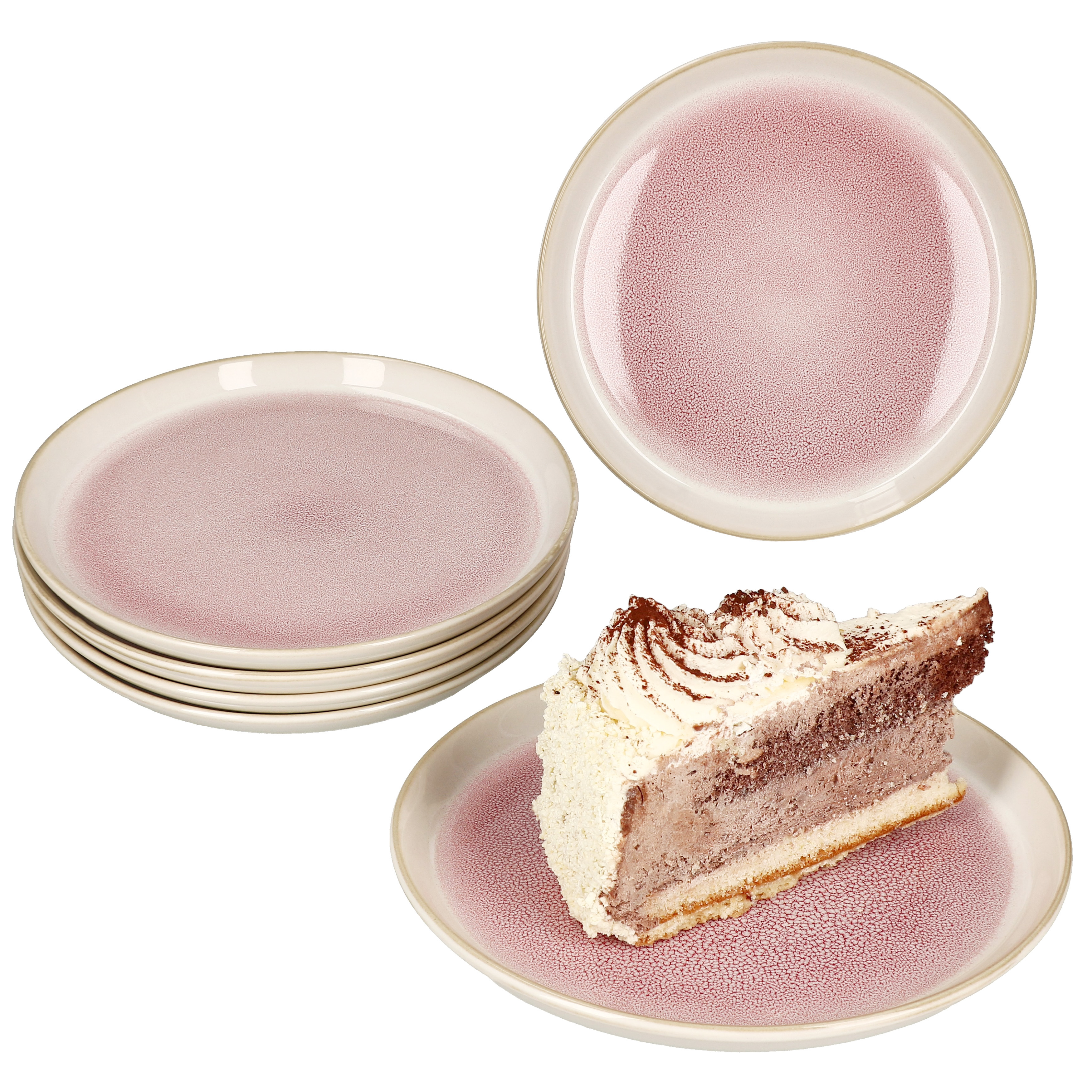 6x Reactive Glaze Paris Plate For 6 People Creme Pink Breakfast Plate Dessert