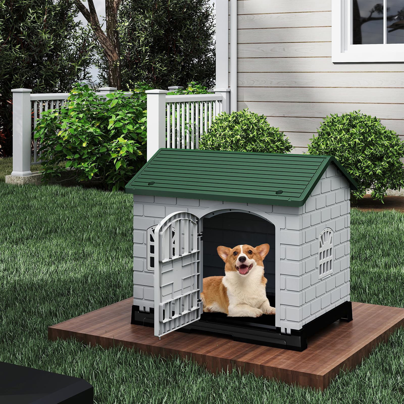 Image of Plastic Dog House, Doghouse Puppy Shelter With 3 Windows Lockable Door, Roof, Removable Tray, Green