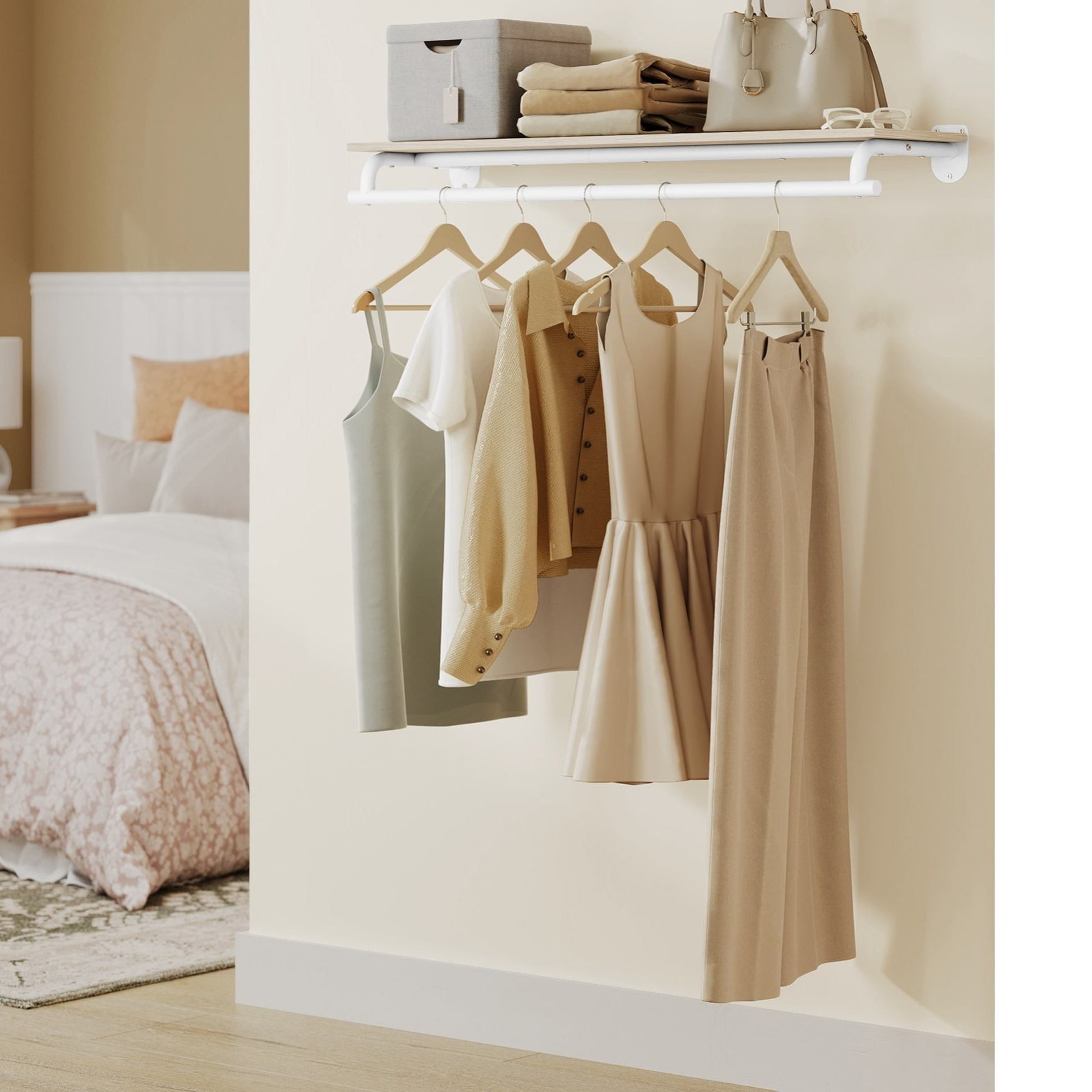 Image of Wall Wardrobe Clothes Rail 60kg Load-bearing, Wall-mounted Wardrobe, Space- Wall Wardrobe For Bedroom & Dressing Room (28 X 109 X 13.2 Cm)