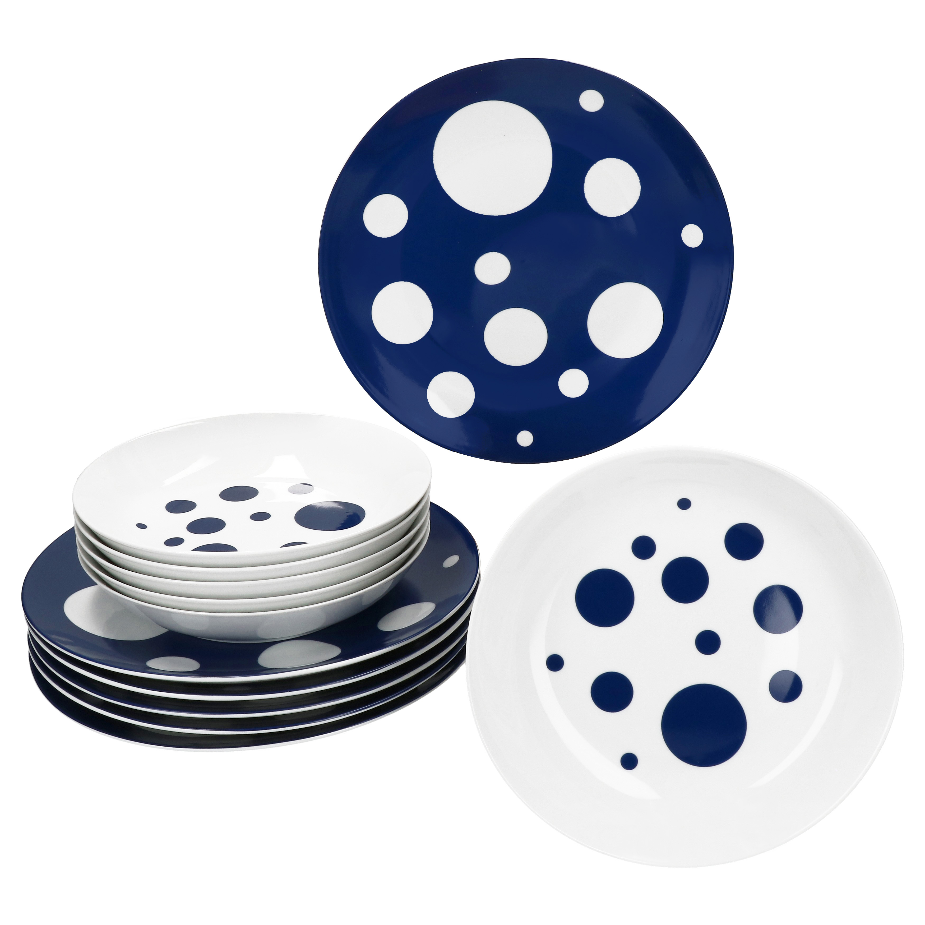 Image of Pula Dark Blue Dots 12-piece Porcelain Dinnerware Set, Dinner Plates And Soup Plates With Polka Dots