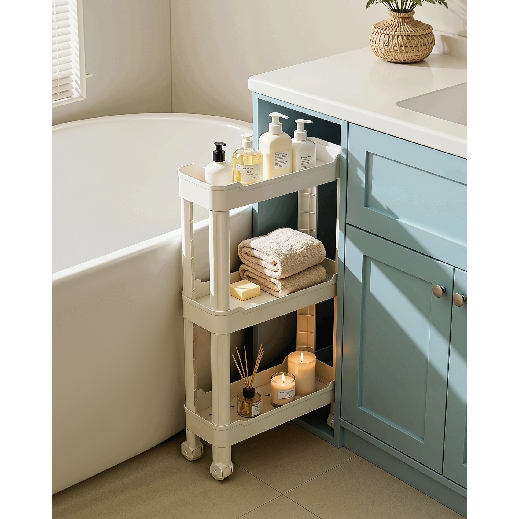 Image of Service Cart 3 Tiers, Narrow Kitchen Cart, Kitchen Rack With 8 Hooks, Plastic For Bathroom, Kitchen, Office, White/black