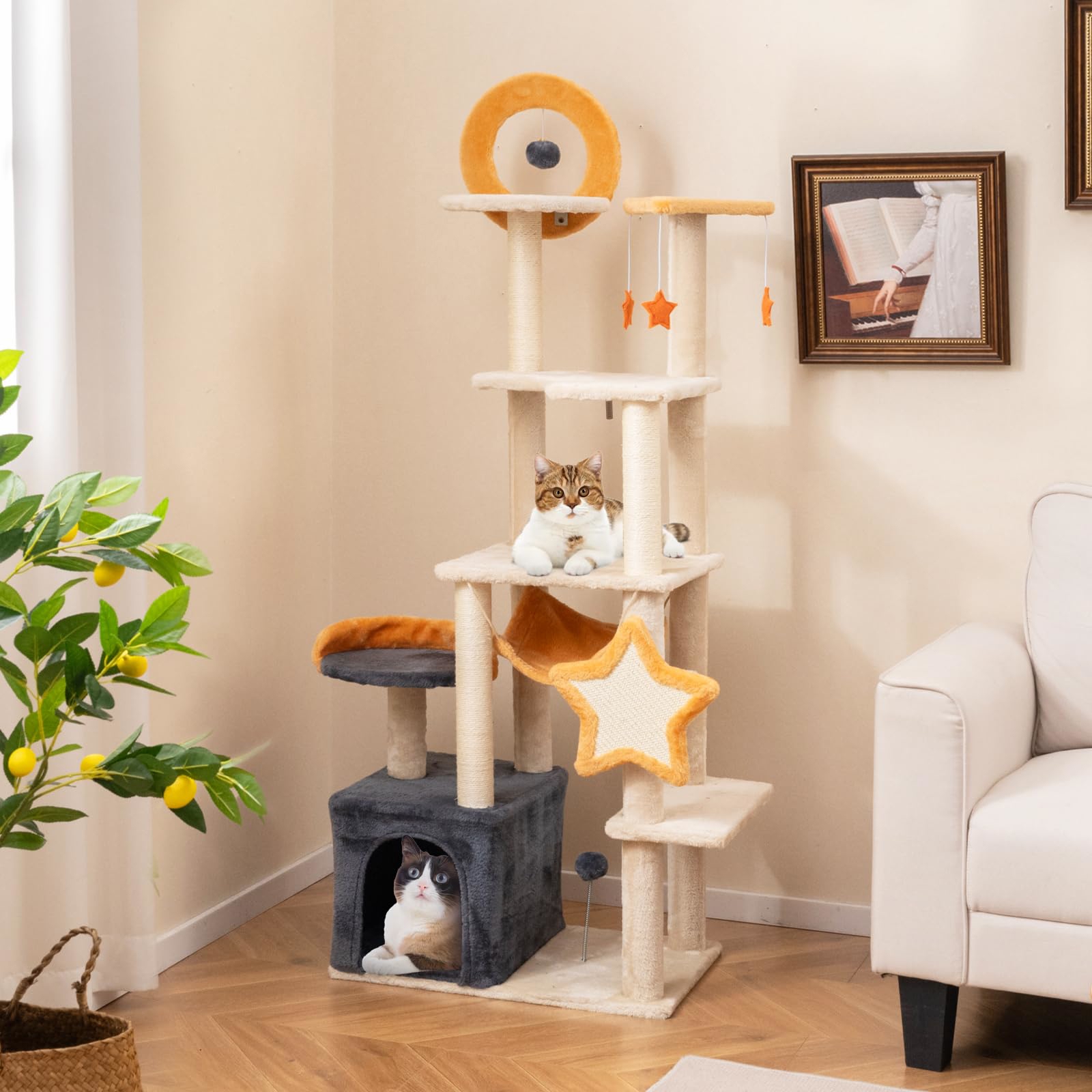 63" Tall Cat Tree, Cute 8-layer Cat Tower With 2 Perches, Condo, Sisal Scratching Posts And Mat, Dangling Toys