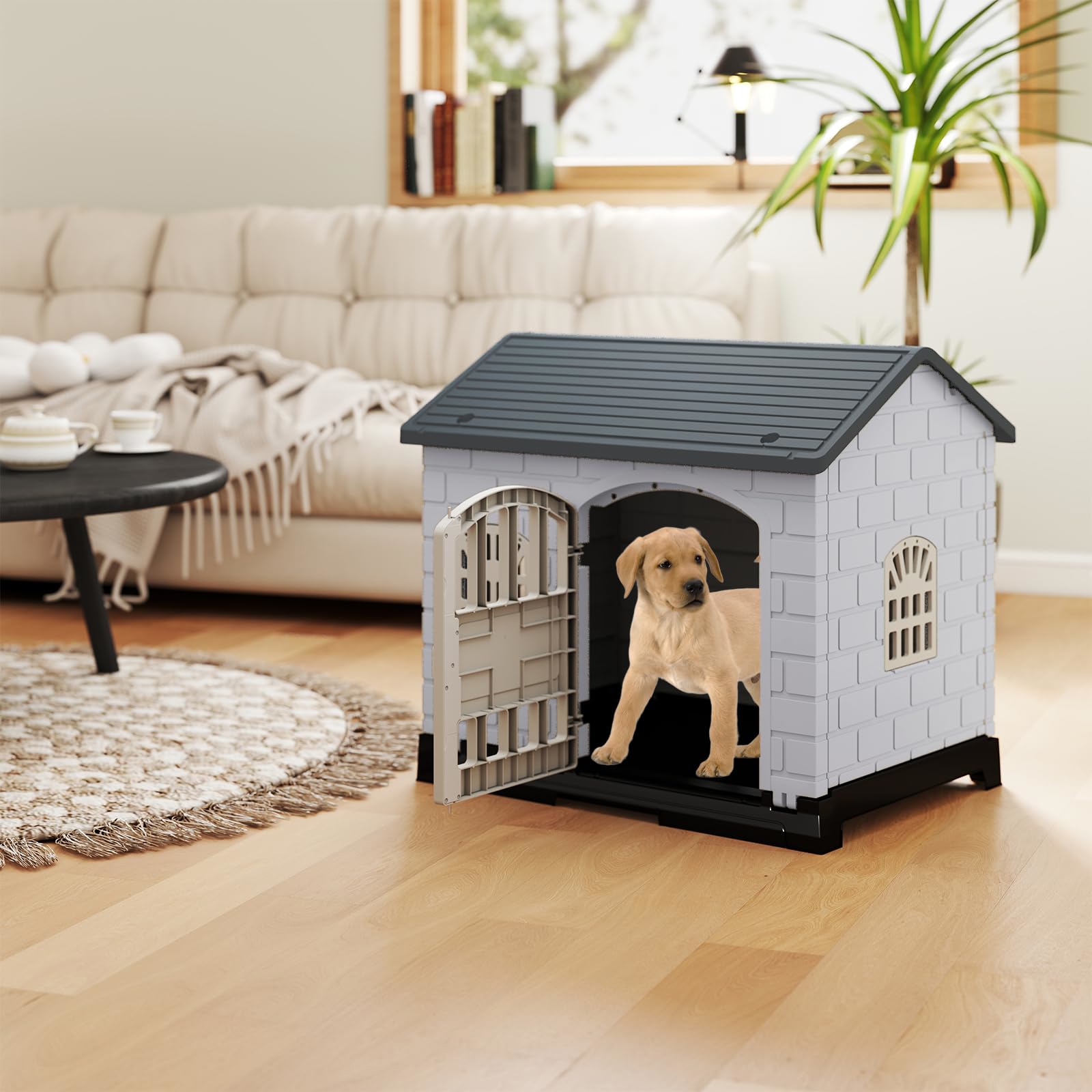 Image of Plastic Dog House, Doghouse Puppy Shelter With 3 Windows Lockable Door, Roof, Removable Tray