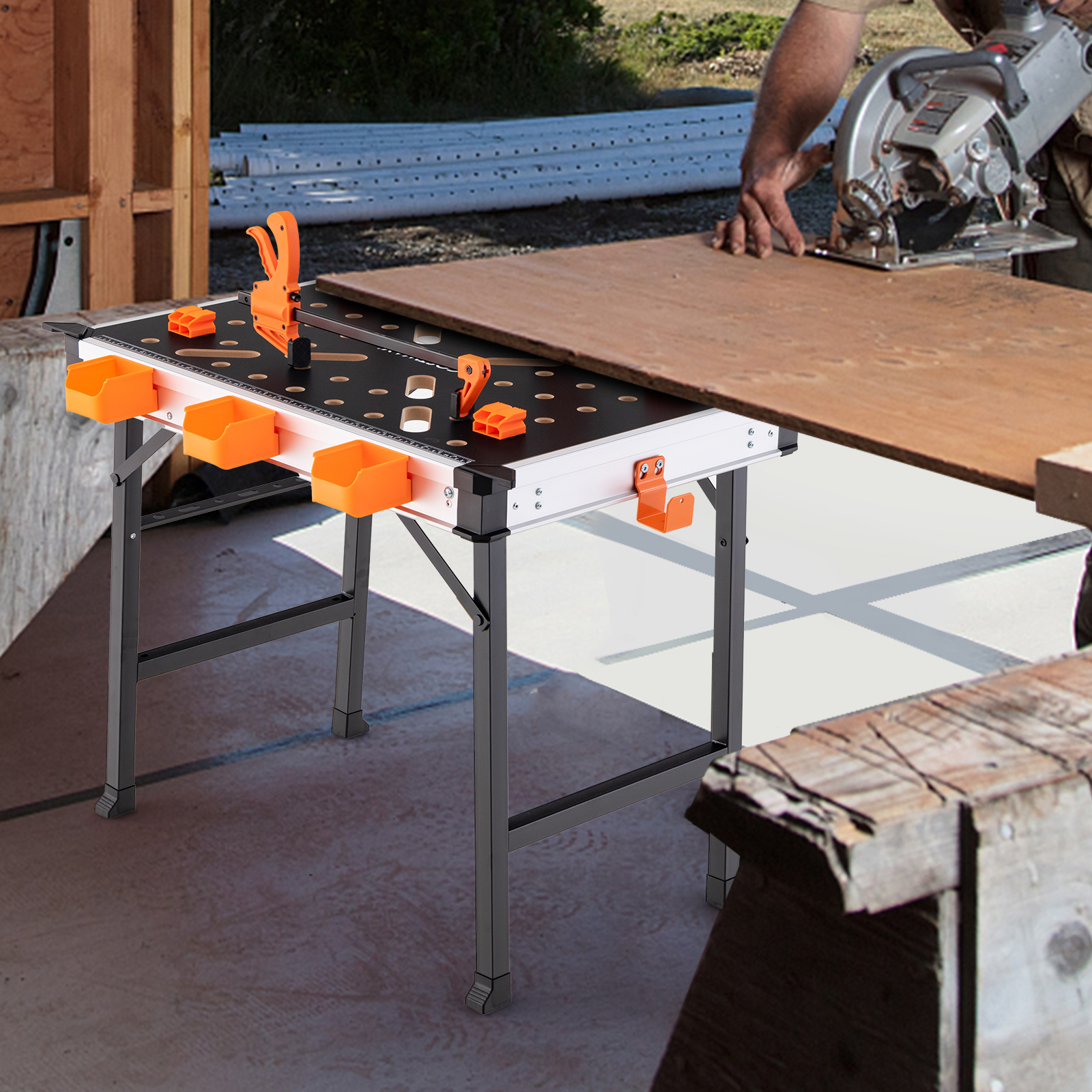 33" Folding Work Table, Portable Workbench With 2 Quick Clamps, 4 Clamp Dogs, 3 Tool Boxes
