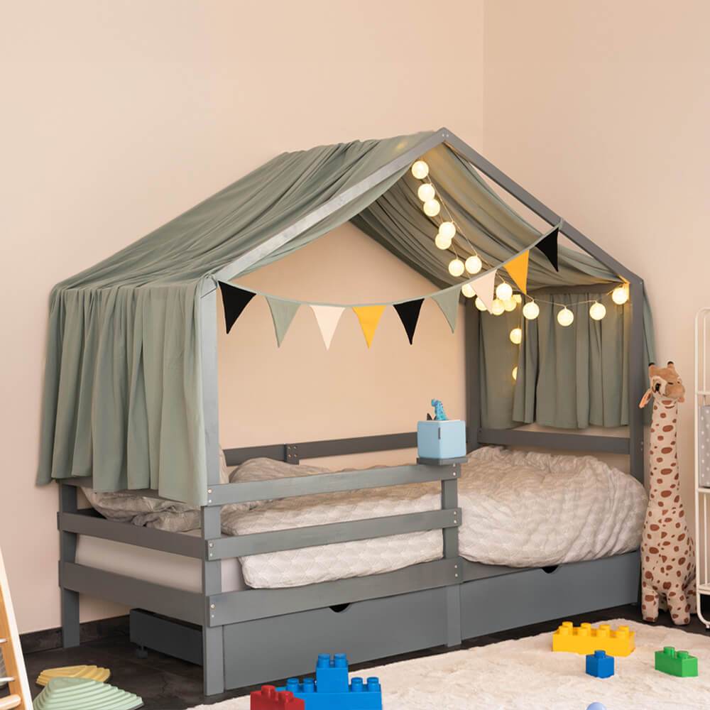 Image of - Cloudland Kids' Bed With Drawers - 90 X 200 Cm, Color: Gray, Pine Wood, Includes Safety Guard And Holder - Toddler Bed, Youth Bed, Baby Bed
