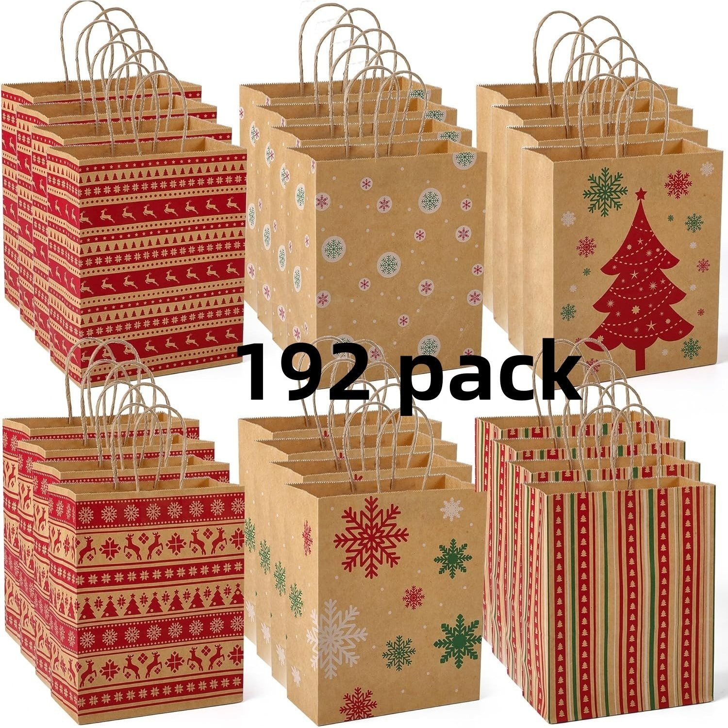 Image of 96/144/192pcs Of Christmas Gift Bags 8.6x7x3.3 '' Paper Bags With Handles, Christmas Handicraft Bag Designs, Sturdy Christmas Party Favor Bags, Holiday, Shopping Bags
