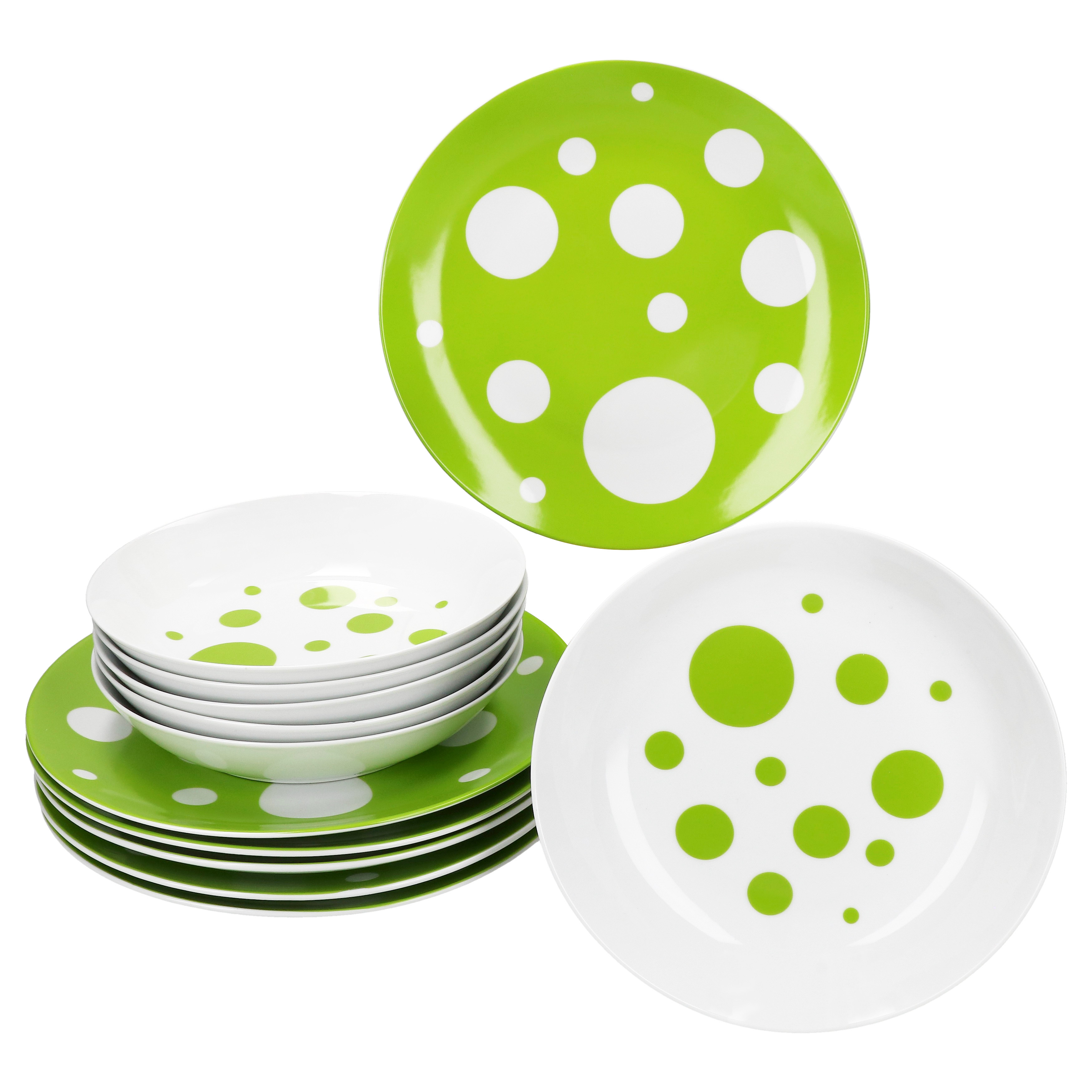 Pula Green Polka Dot 12-piece Porcelain Dinnerware Set For 6, Dinner Plates And Soup Plates, Polka