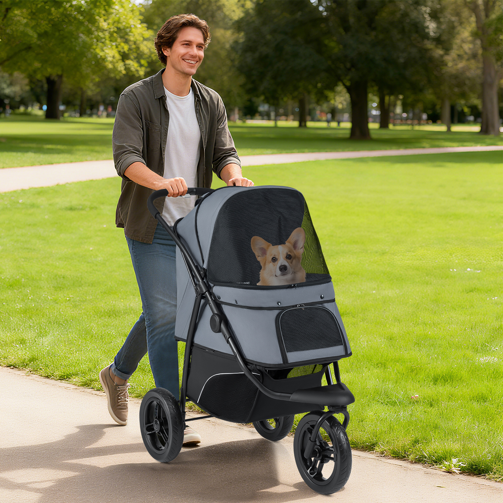 Image of 3 Wheel Stroller For Small And Medium Dogs, Folding Stroller For Wheels, Brake, Adjustable Awning