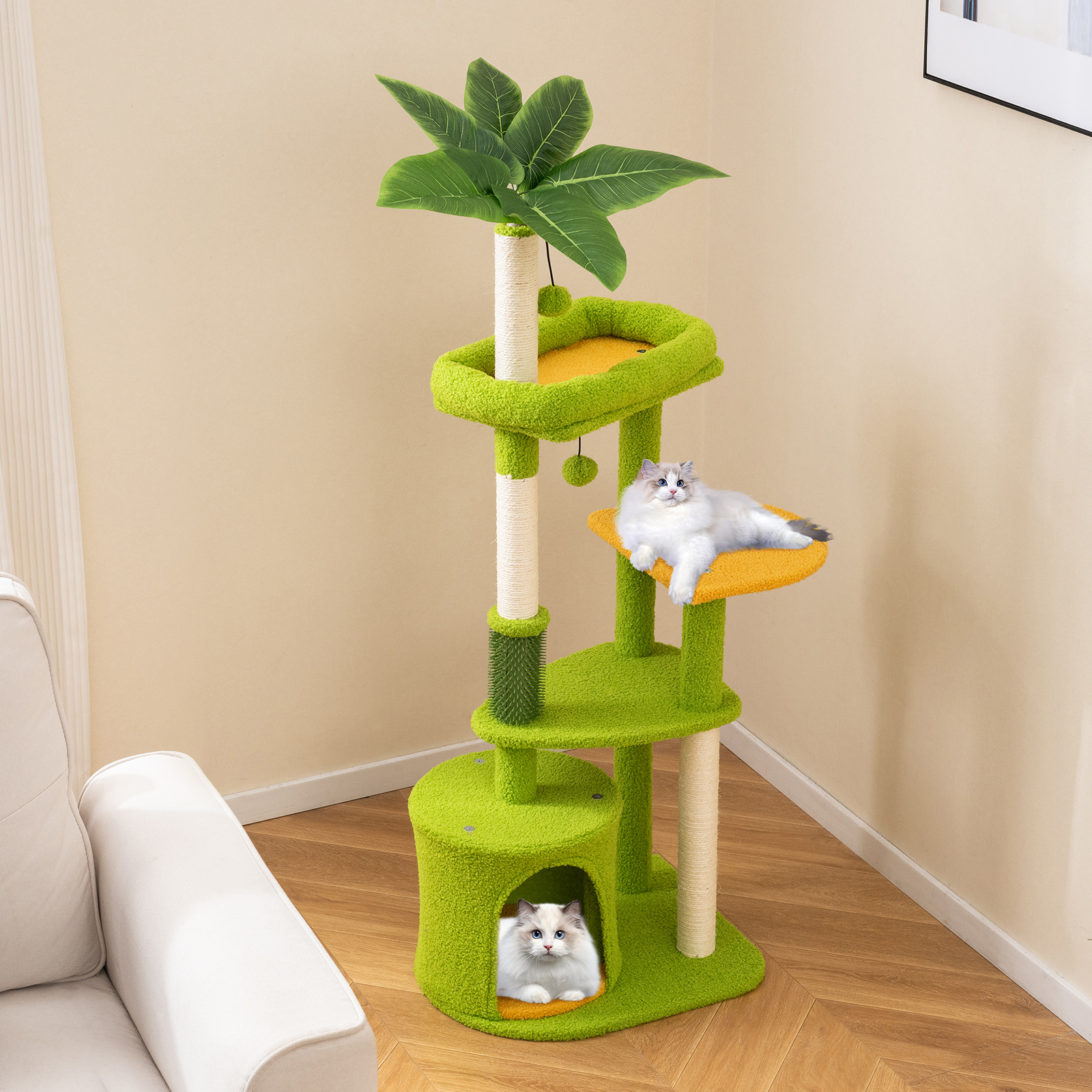 48" Palm Cat Tree, Teddy Fabric Cat Tower With Perch, Condo, Self Groomer, Platforms, Scratching Posts And Dangling Balls