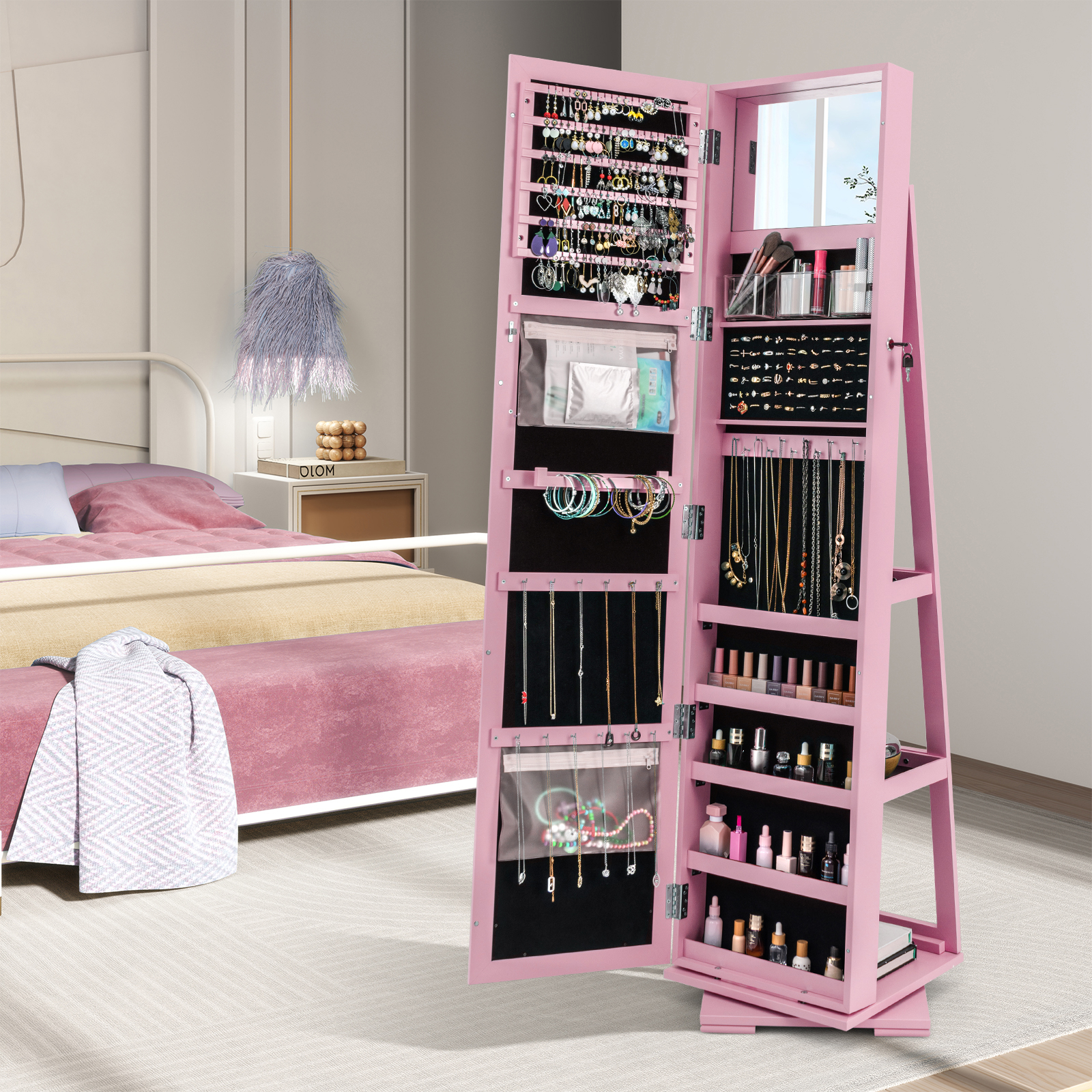 Image of Jewelry Cabinet With Lockable Door, Freestanding Jewelry Armoire With Full-length Mirror