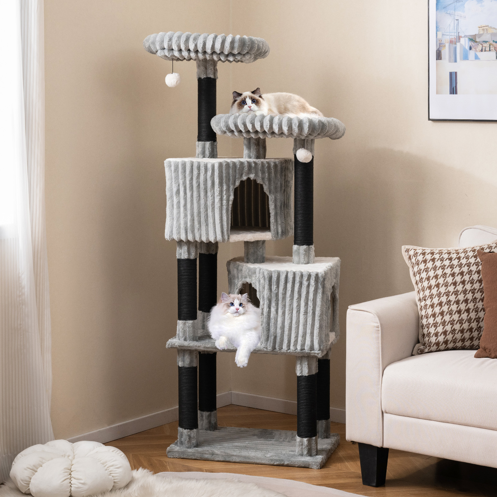 Image of Large Multi-level Cat Tree, 156 Cm Tall Cat Tower W/ 2 Condos, 2 Perch Beds, Scratching Posts, Dangling , Soft Flannel Covering, Indoor Pet For Adults Cats, Kittens