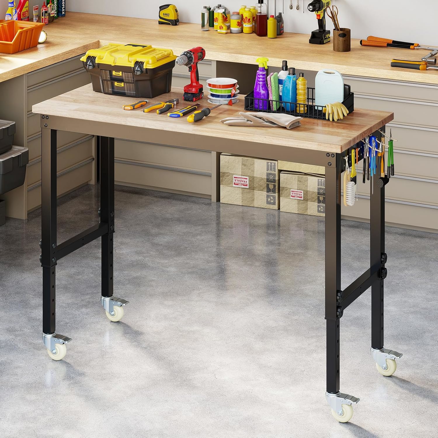 Height Adjustable Stand With Rollers, Mobile Table With Hevéa Tray, 2 Perforated Panels, Metal Structure