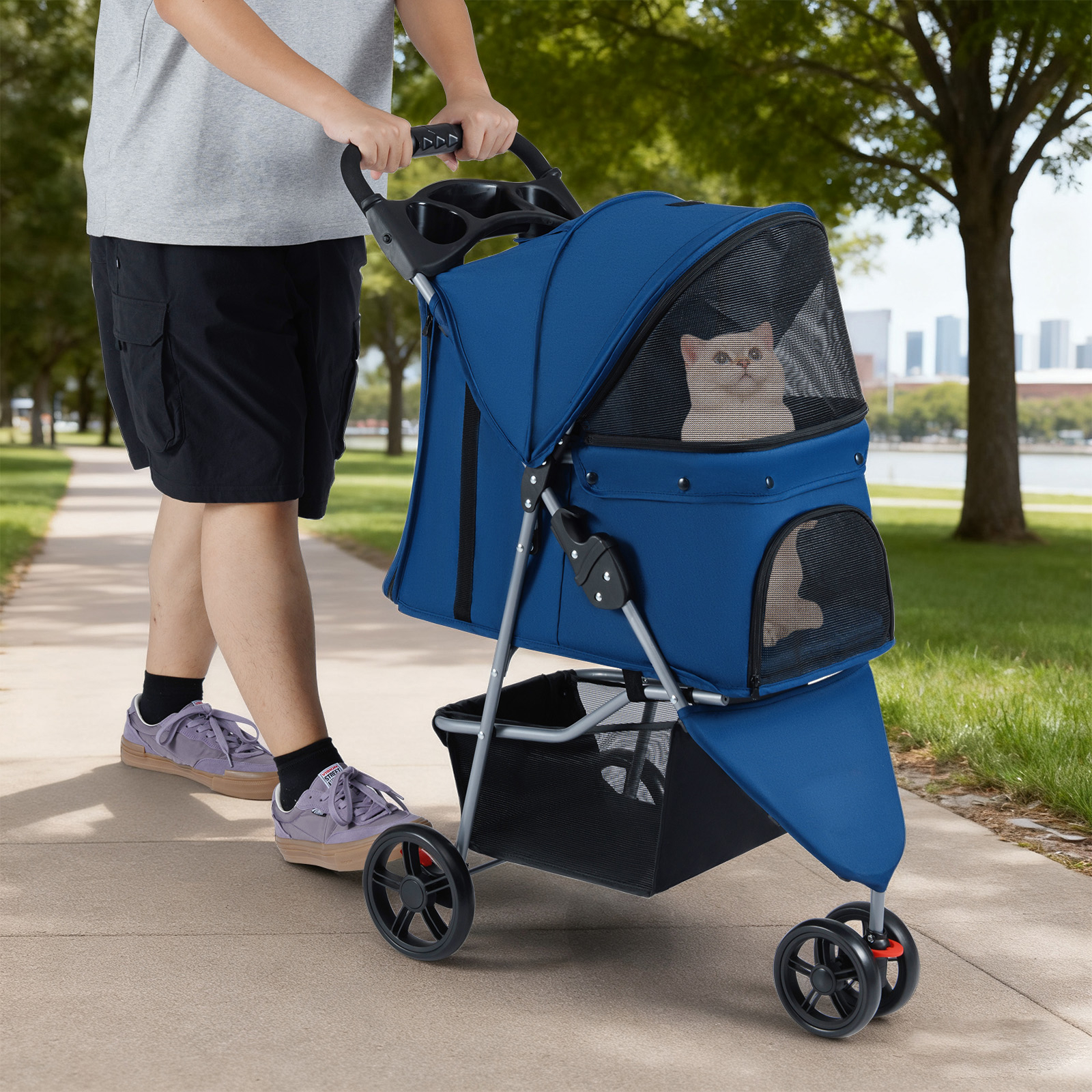 Folding Stroller For Dogs And Cats, Adjustable Hooded Truck, 3 Wheels, Doors, Windows, Storage Basket
