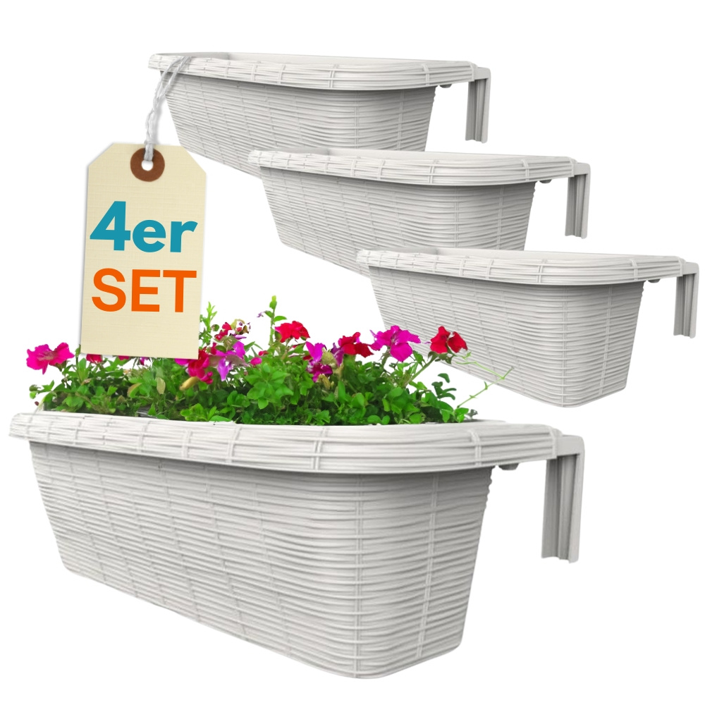 E-shop 4er Set Blumenkasten Balkongeländer Balkon Blumenkasten Balkonkasten mit Halterung Geländerkasten mit Wasserspeicher Rattan Optik Weiß 60 cm