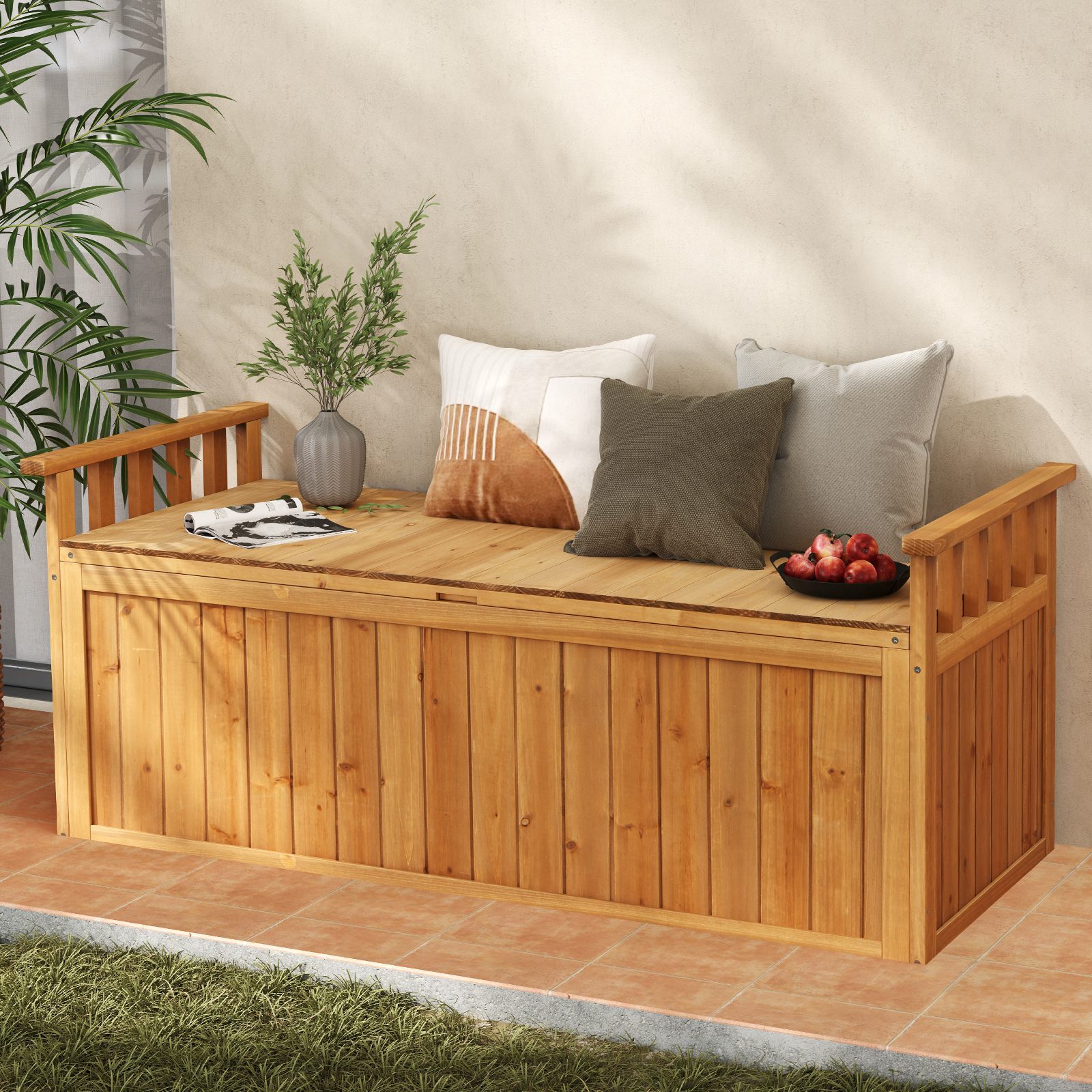 Wooden Garden Bench With Carrying Container, Bench With Backrest And Armrests, Waterproof Garden Tools Container