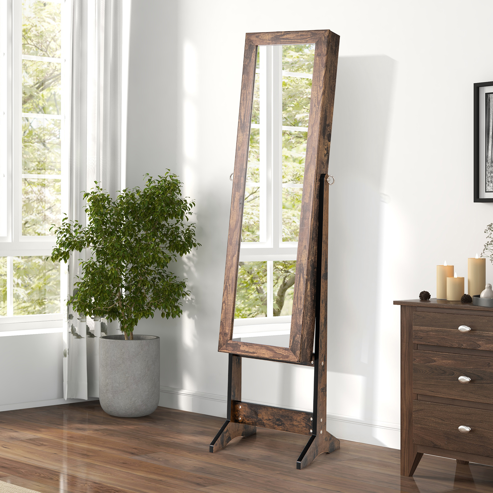 Jewelry Cabinet Armoire With Full-length Mirror, Freestanding Jewelry Organizer With 3 Adjustable Tilt