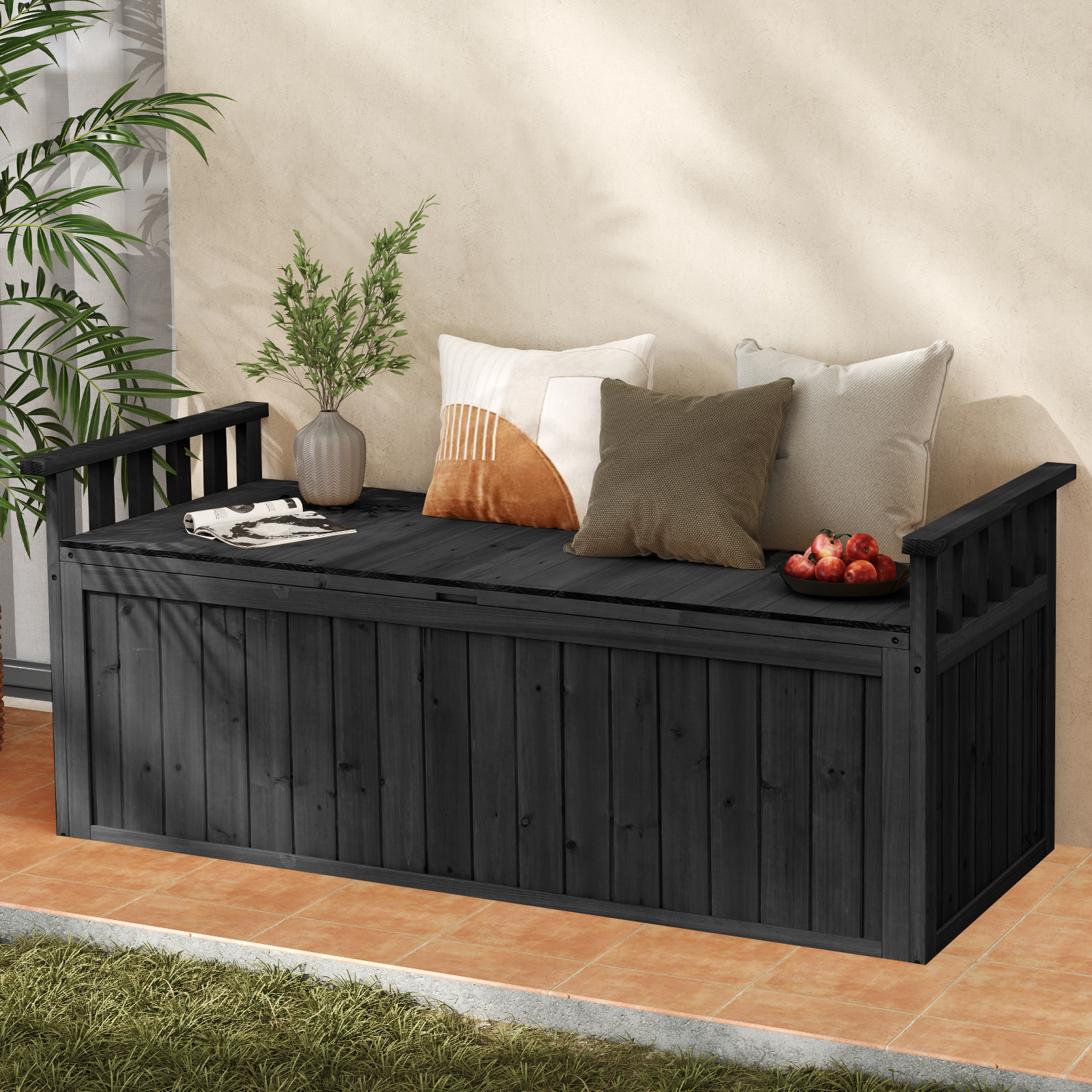 209 L Fir Wood Outdoor Storage Chest With Armrests, Folding Lid And Hidden Storage, 100 Kg Load