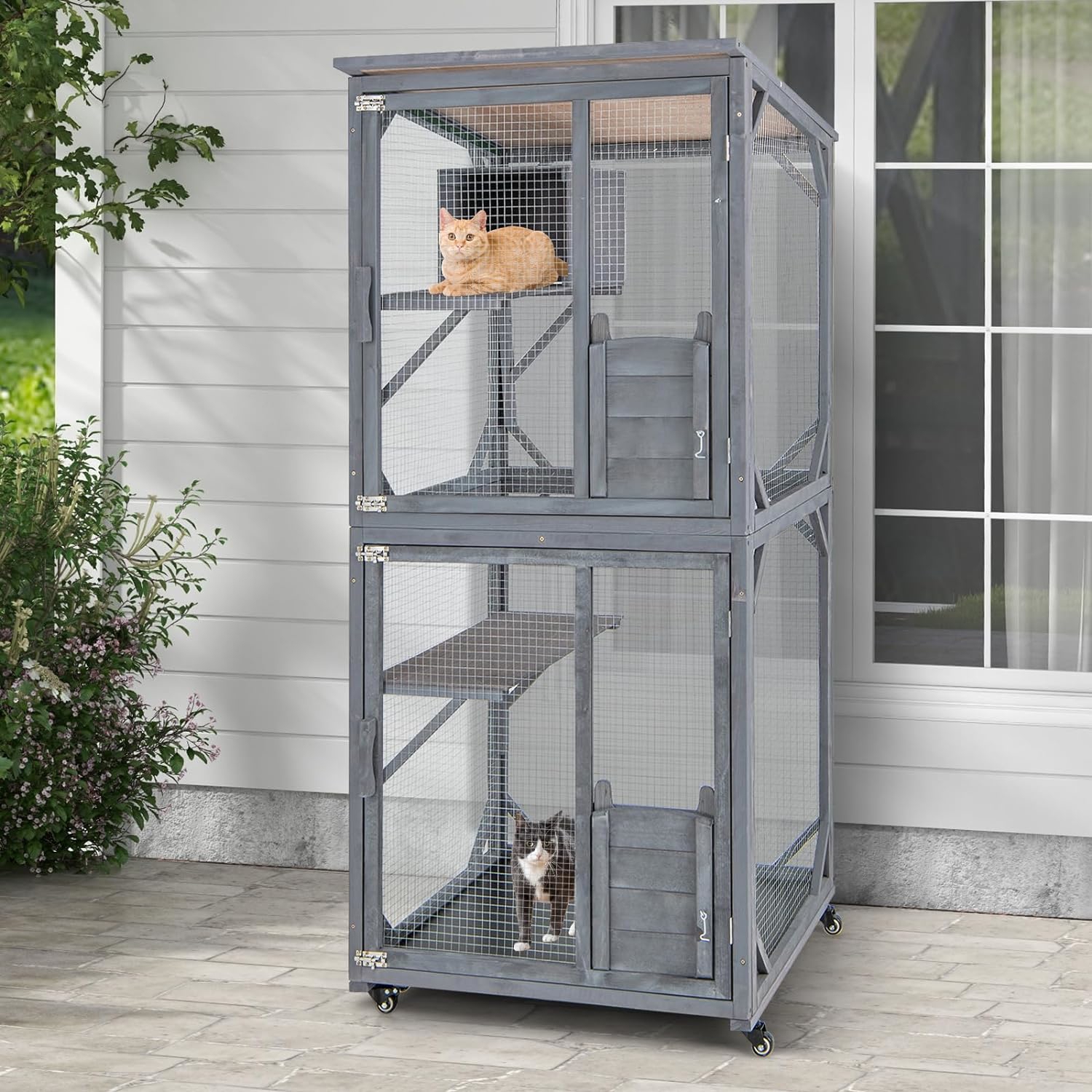 Image of Wooden Cat House, 2" Tall Outdoor Kitten Enclosure With Weatherproof Asphalt Roof, Enter Door