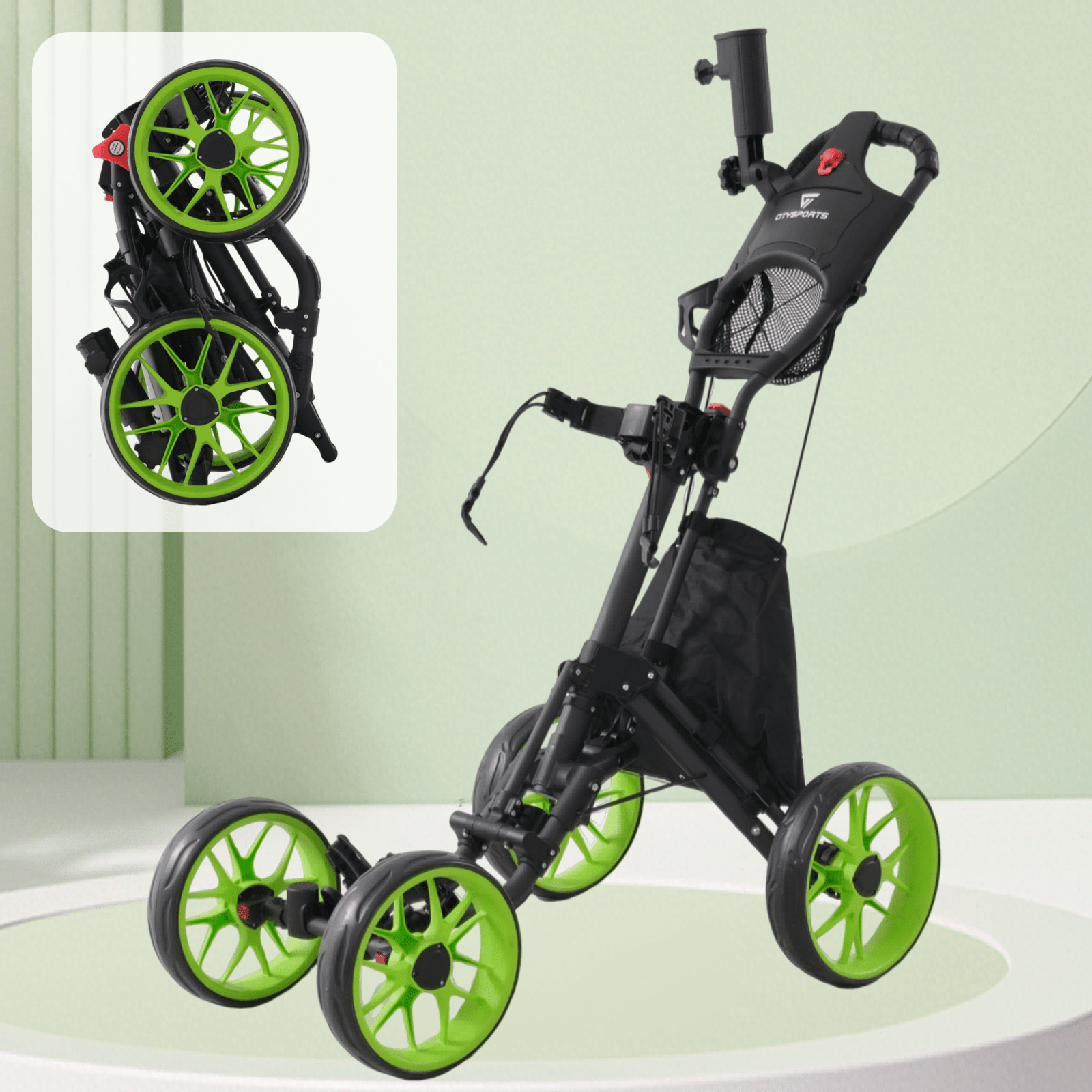 Image of Citysports Pro Foldable Golf Cart, 4-wheel Cart With Pedal Brake And Adjustable Handle, For , Black-green
